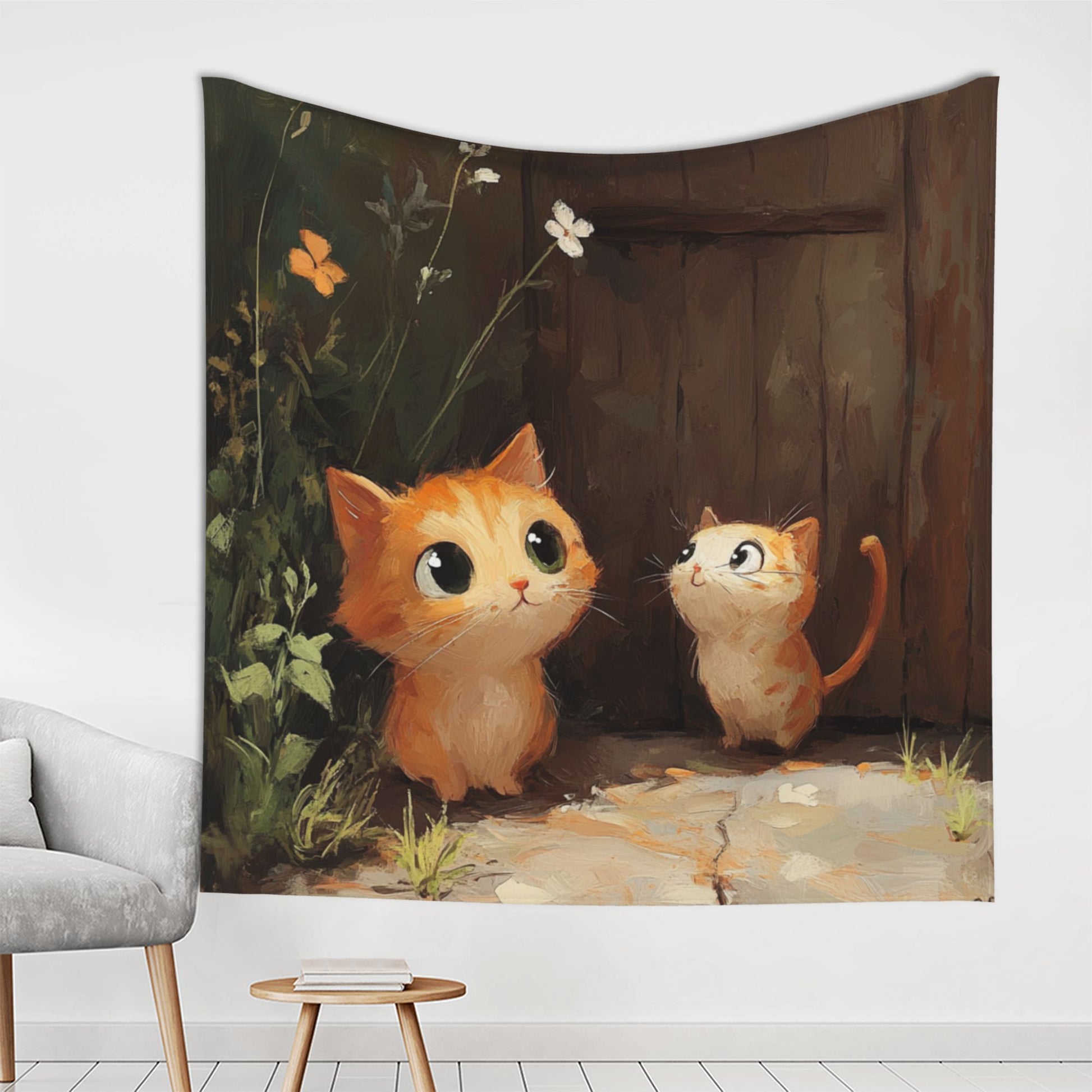 Cute Kitten Illustration Wall Tapestry – Large Cartoon Home Decor 150×150cm