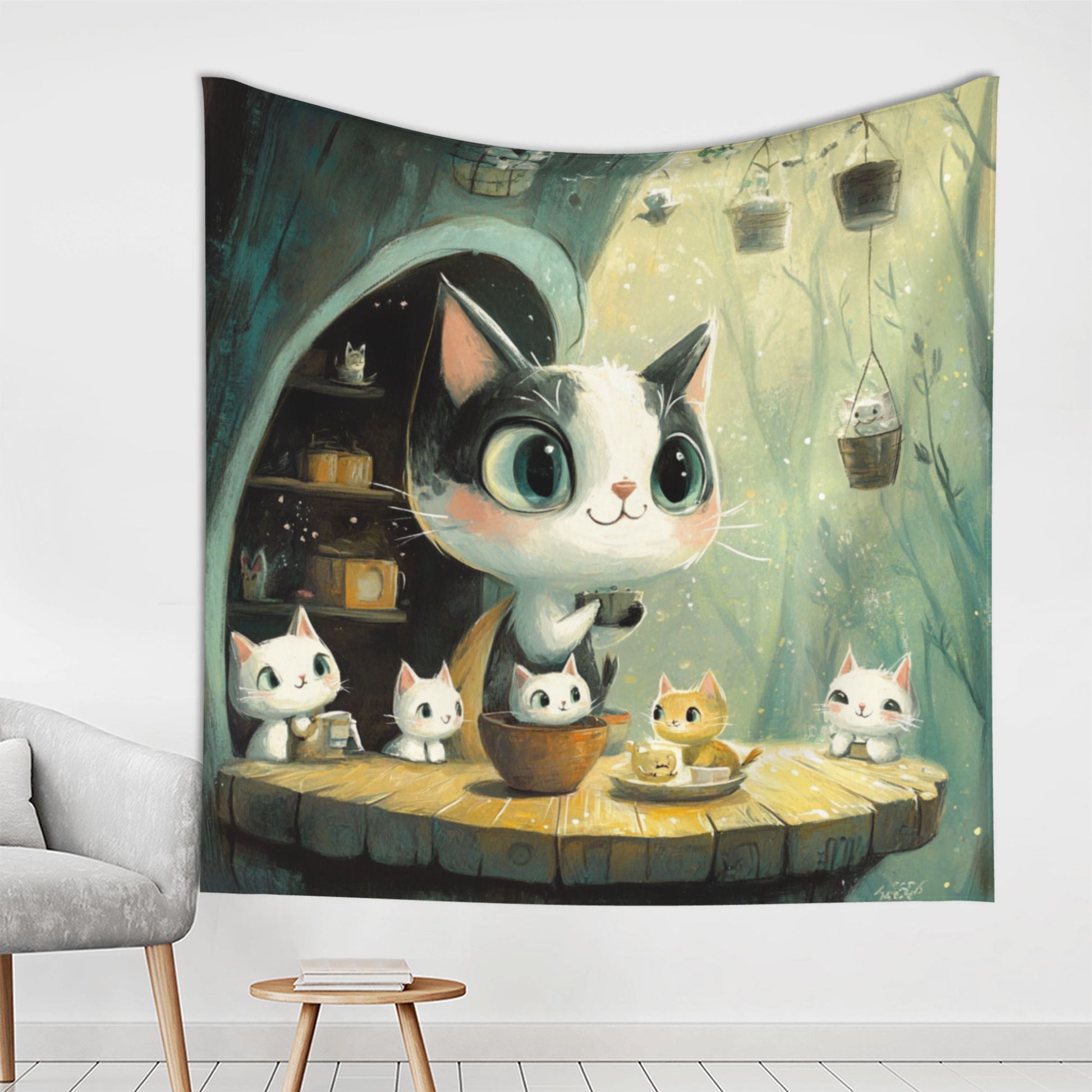 Cute Cat Café Illustration Wall Tapestry – Large Cartoon Home Decor 150×150cm