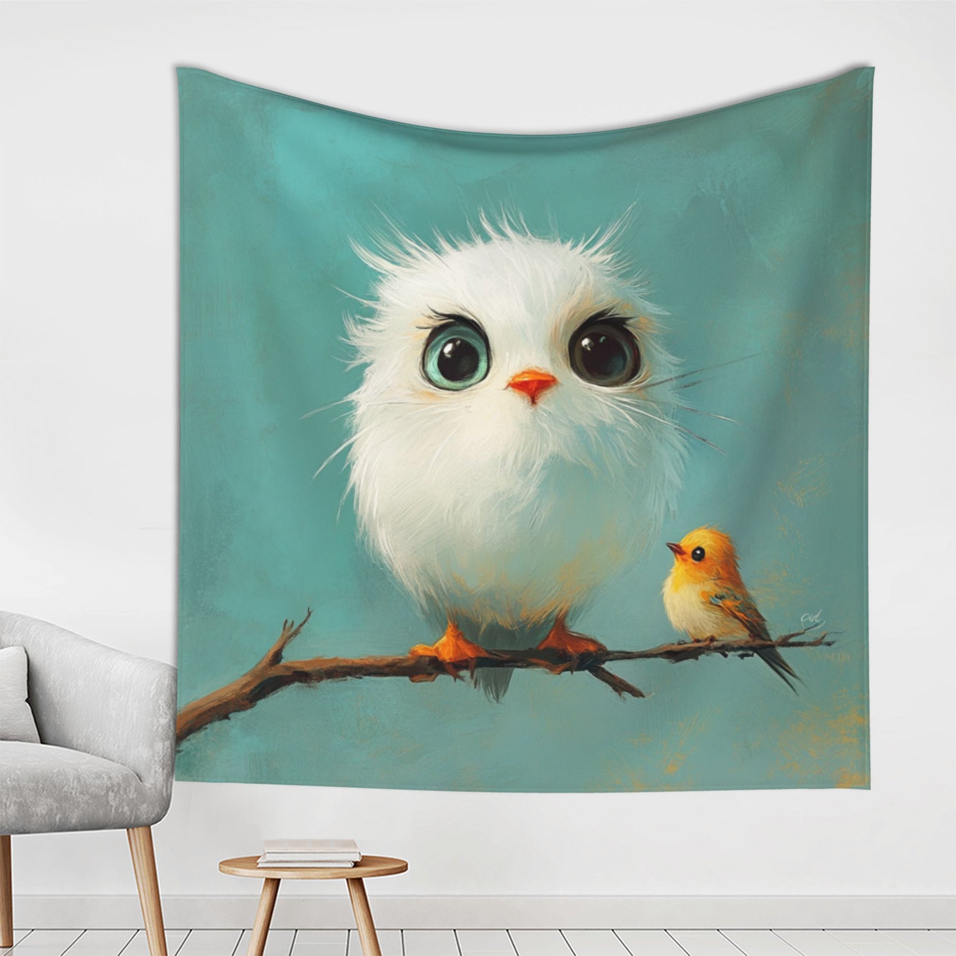 Cute Big-Eyed Birds Wall Tapestry – Large Cartoon Home Decor 150×150cm