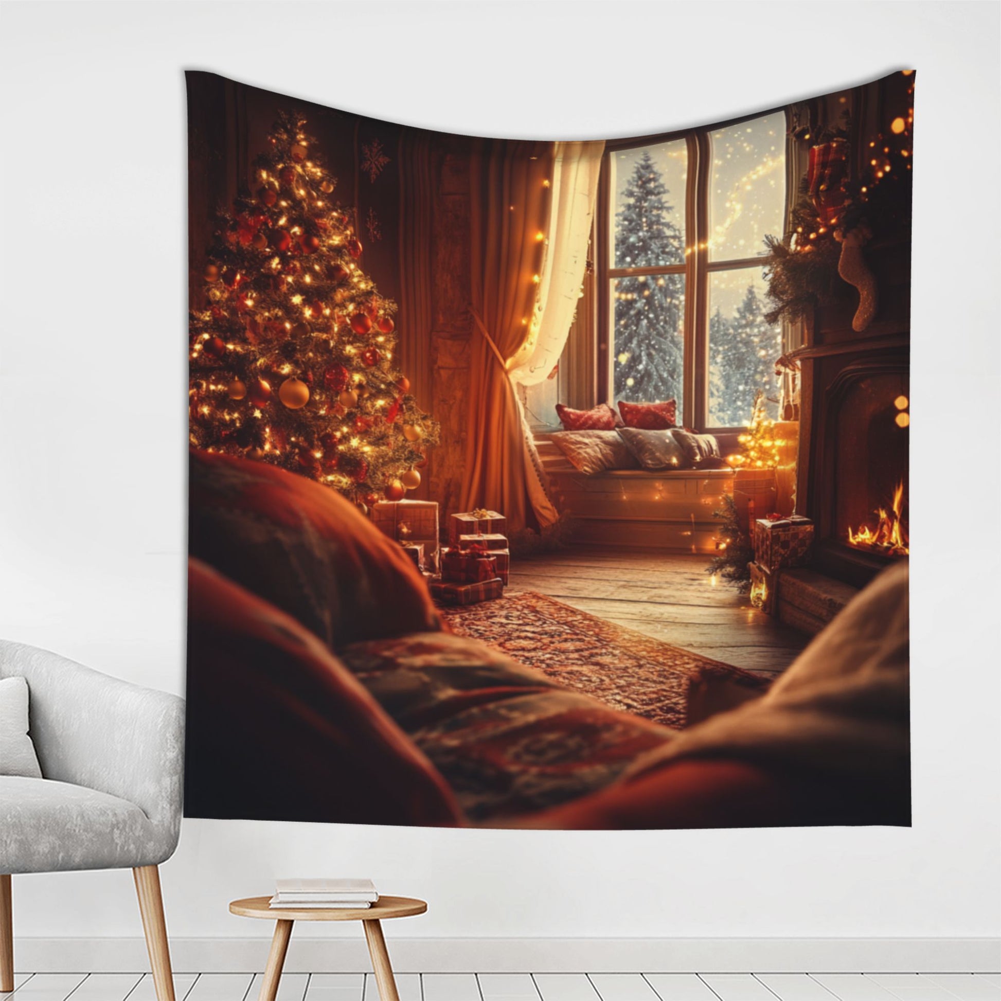Cozy Christmas Living Room Wall Tapestry – Large Festive Holiday Decor 150×150cm