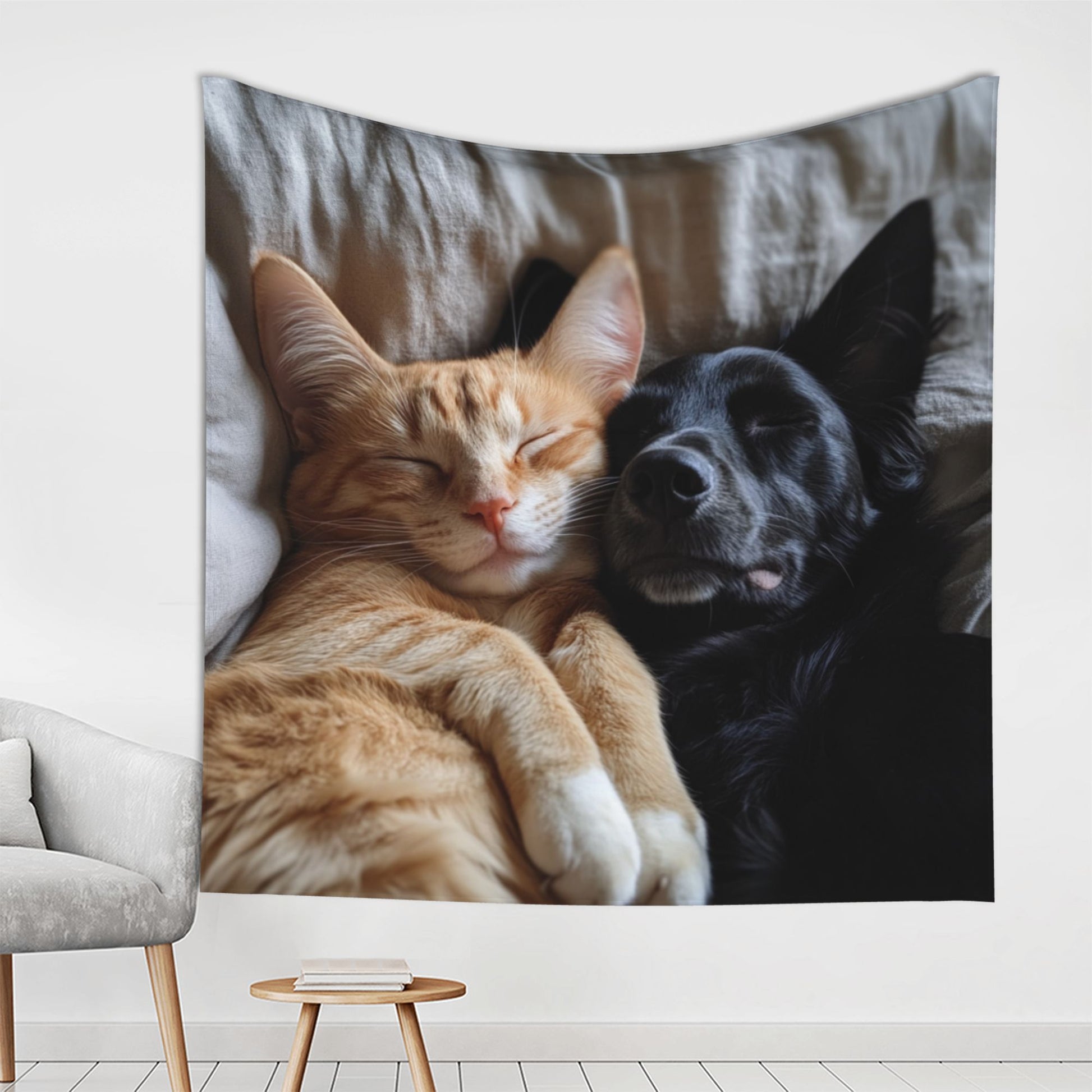 Cuddling Cat and Dog Wall Tapestry – Large Soft Pet Lovers’ Home Decor 150×150cm
