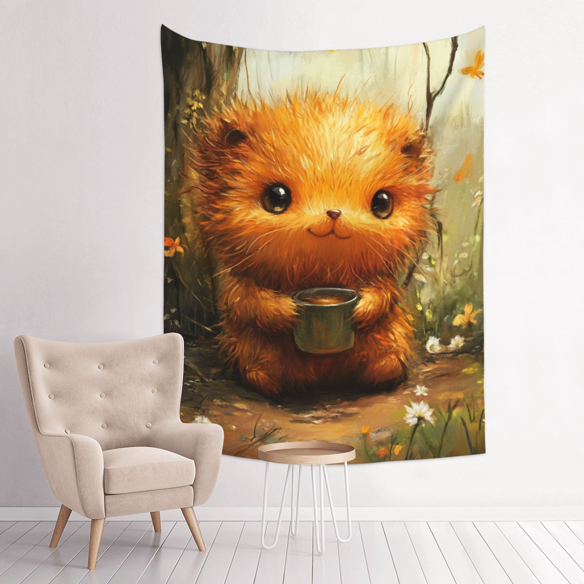 Cute Animal Tea Time Wall Tapestry – Cartoon Illustration Decorative Cloth 73×95cm