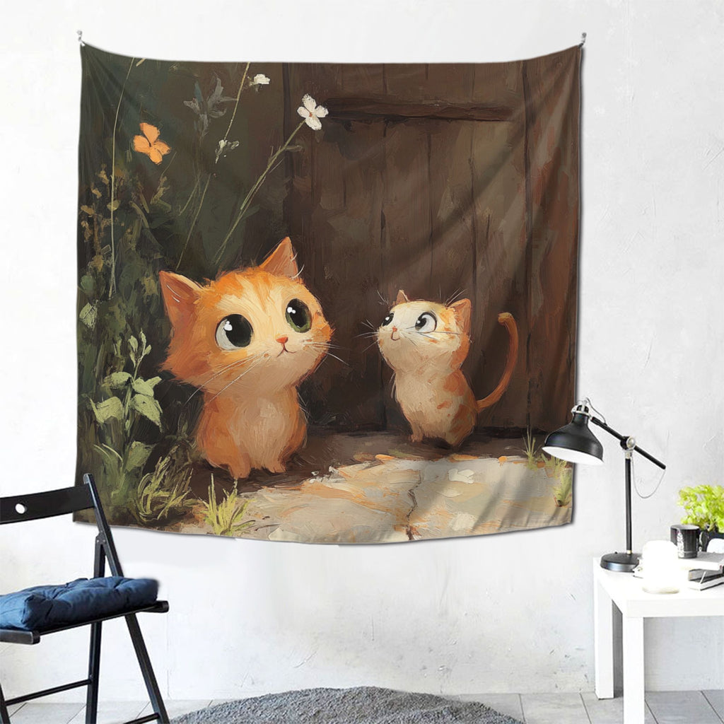 Cute Kitten Illustration Wall Tapestry – Large Cartoon Home Decor 150×150cm