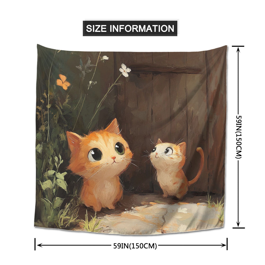 Cute Kitten Illustration Wall Tapestry – Large Cartoon Home Decor 150×150cm