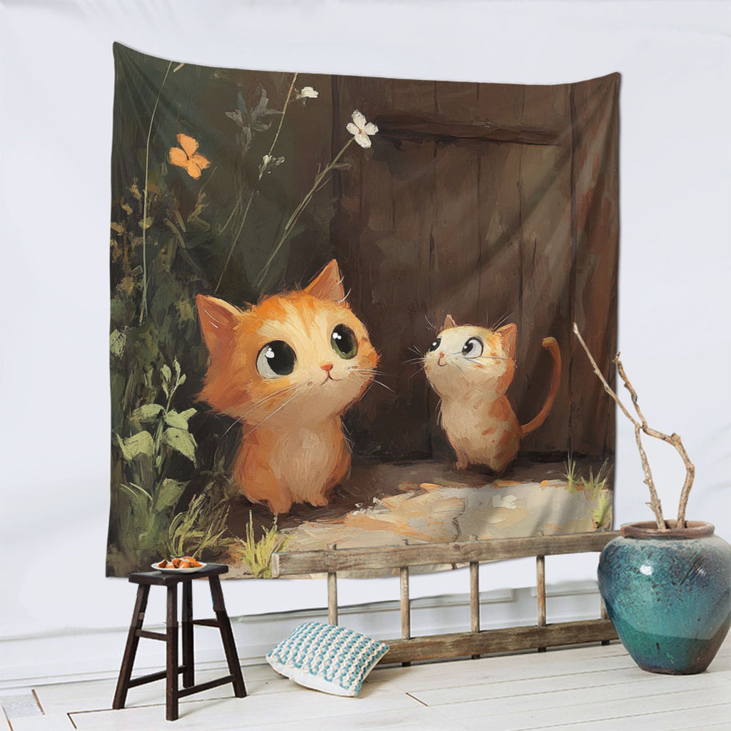 Cute Kitten Illustration Wall Tapestry – Large Cartoon Home Decor 150×150cm
