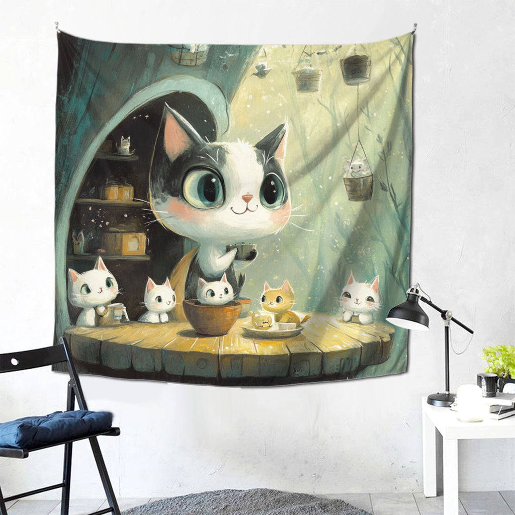 Cute Cat Café Illustration Wall Tapestry – Large Cartoon Home Decor 150×150cm