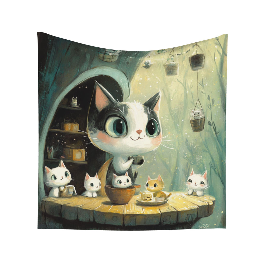 Cute Cat Café Illustration Wall Tapestry – Large Cartoon Home Decor 150×150cm