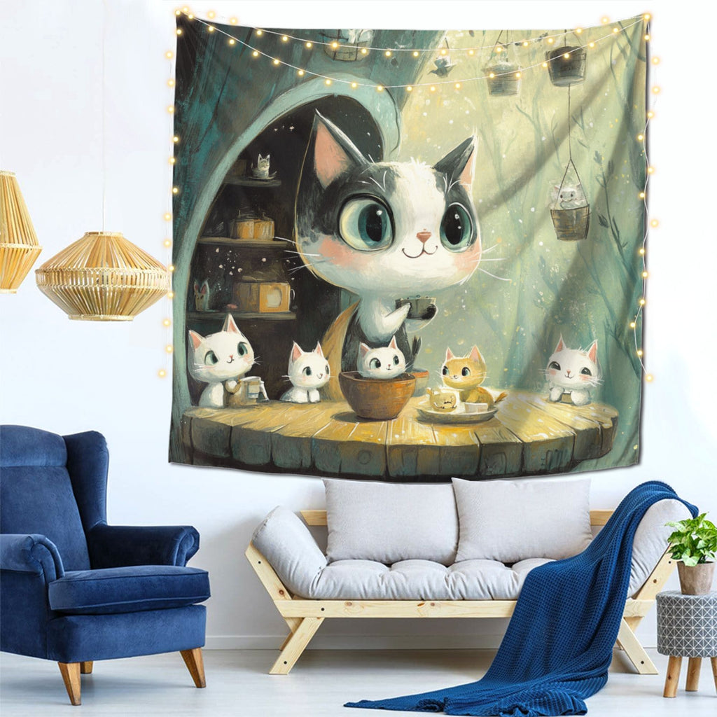 Cute Cat Café Illustration Wall Tapestry – Large Cartoon Home Decor 150×150cm