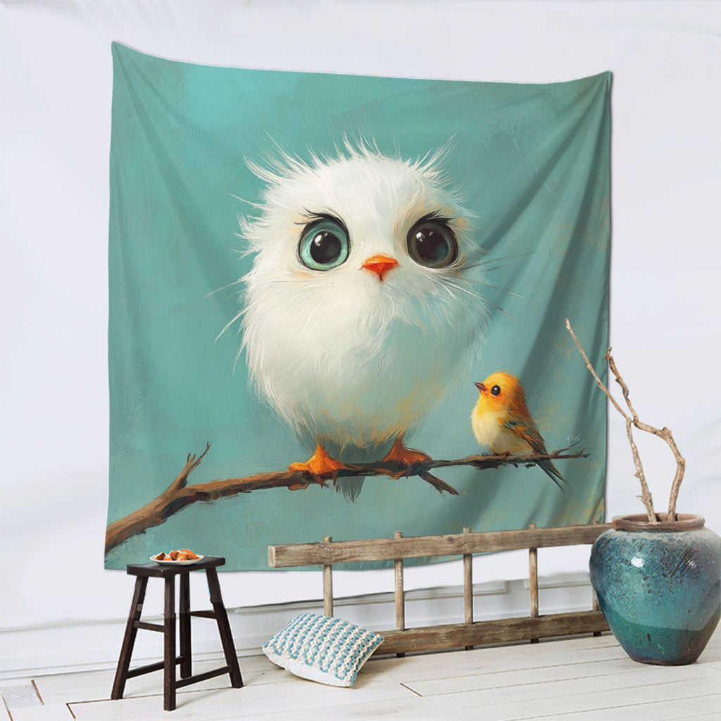 Cute Big-Eyed Birds Wall Tapestry – Large Cartoon Home Decor 150×150cm