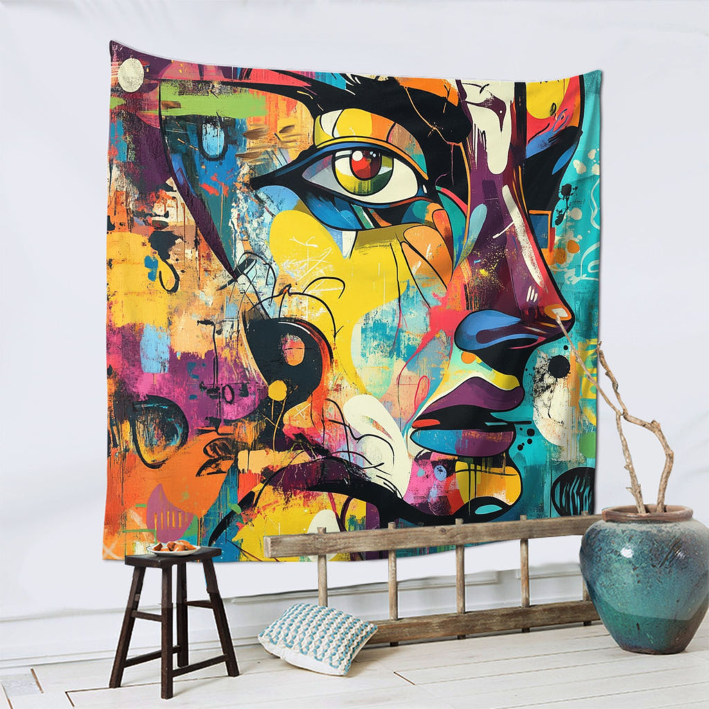 Abstract Colorful Face Wall Tapestry – Large Artistic Home Decor 150×150cm