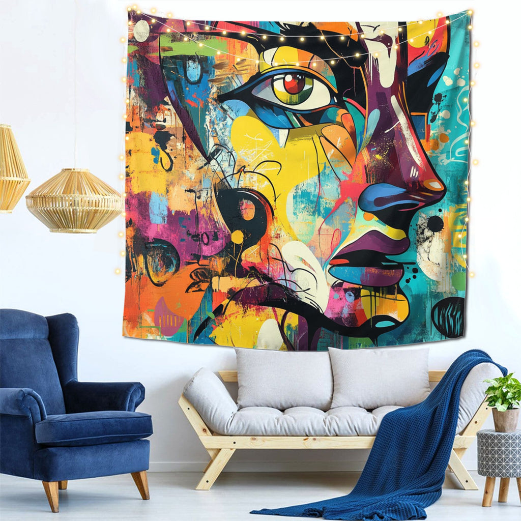 Abstract Colorful Face Wall Tapestry – Large Artistic Home Decor 150×150cm