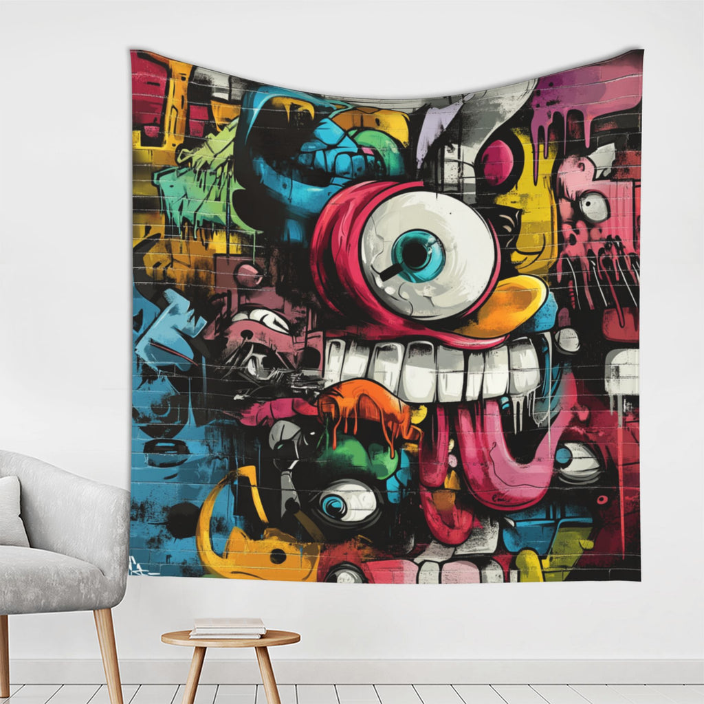 Street Graffiti Monster Face Wall Tapestry – Large Urban Pop Art Decor 150×150cm
