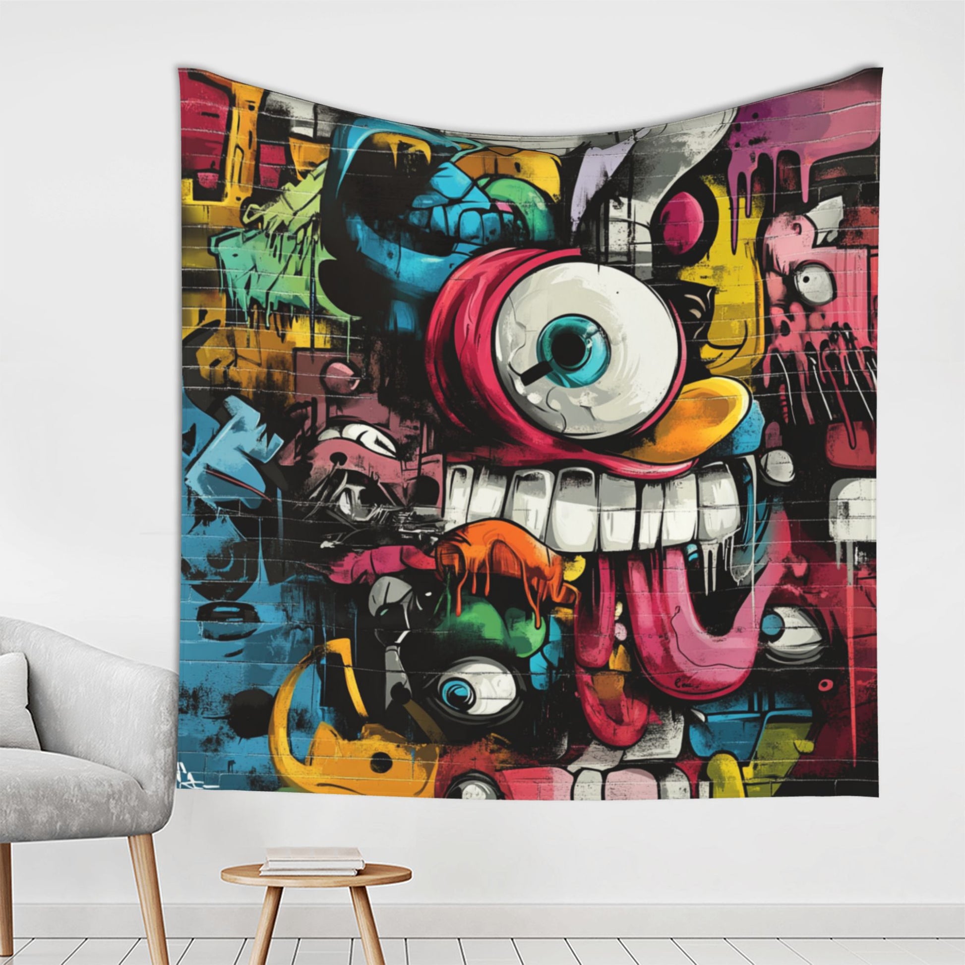Street Graffiti Monster Face Wall Tapestry – Large Urban Pop Art Decor 150×150cm