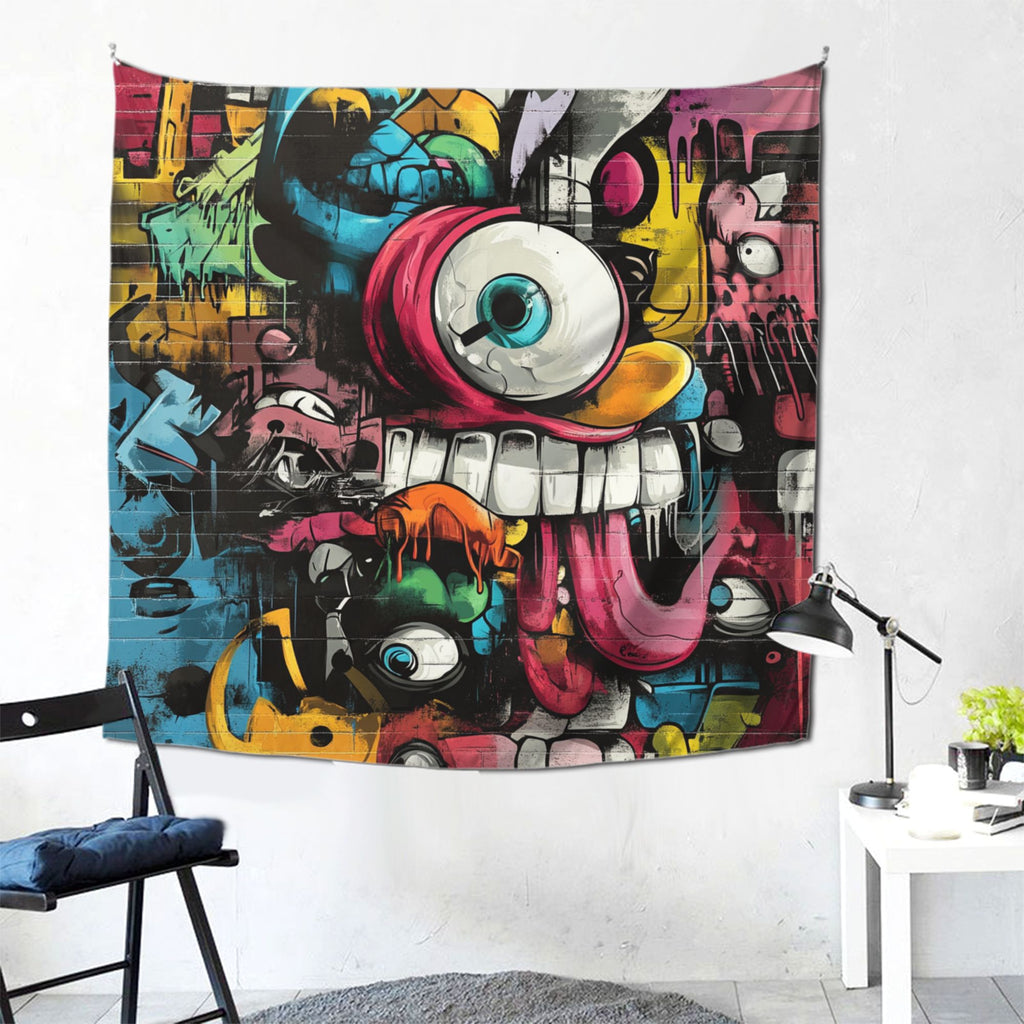 Street Graffiti Monster Face Wall Tapestry – Large Urban Pop Art Decor 150×150cm