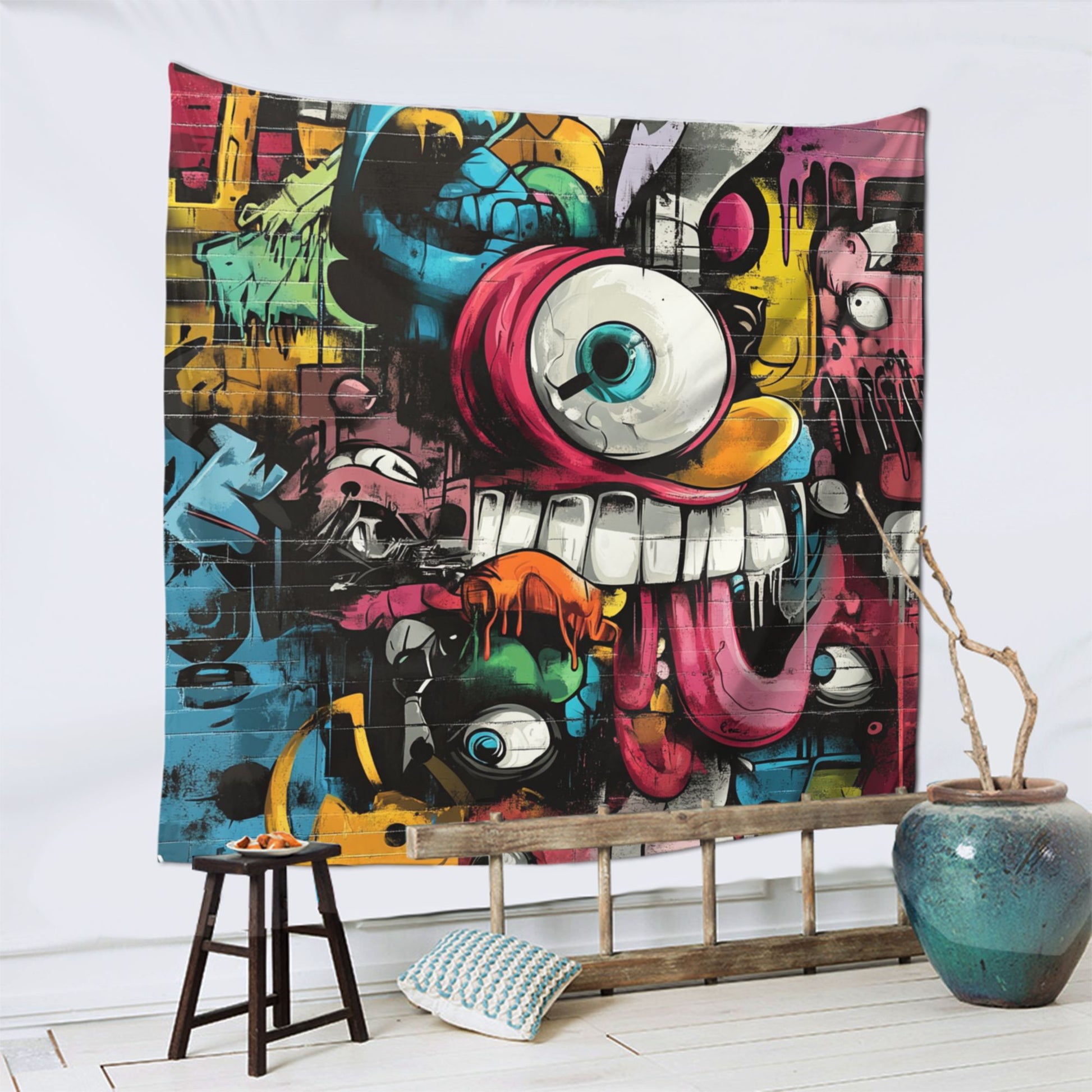 Street Graffiti Monster Face Wall Tapestry – Large Urban Pop Art Decor 150×150cm