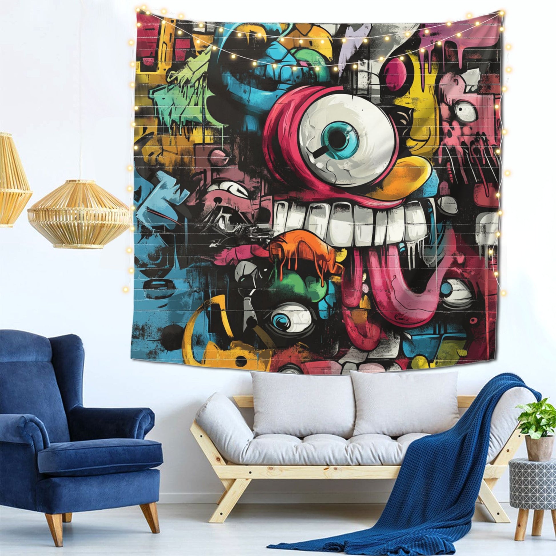 Street Graffiti Monster Face Wall Tapestry – Large Urban Pop Art Decor 150×150cm