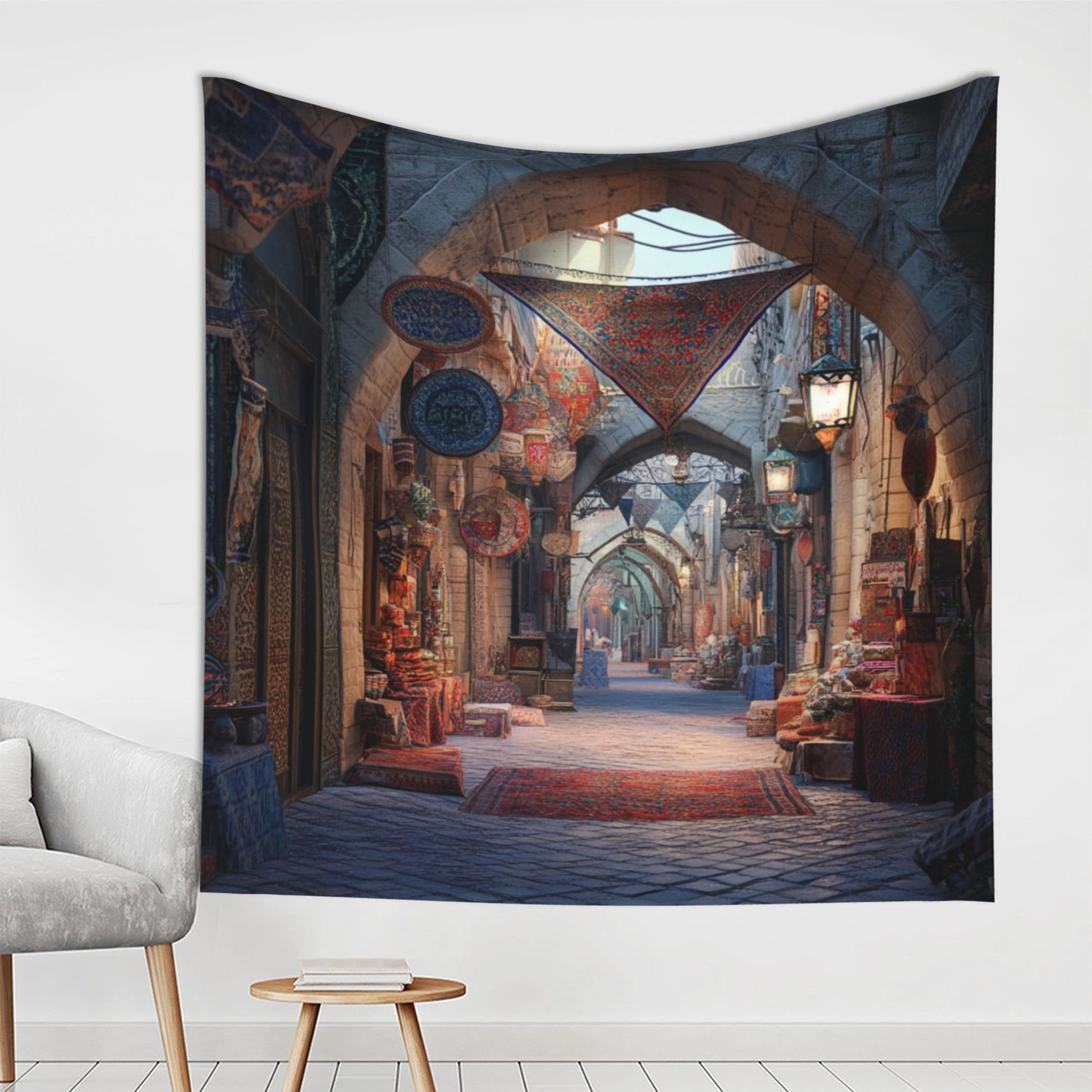 Vintage Bazaar Arcade Wall Tapestry – Large European Market Street Decor 150×150cm