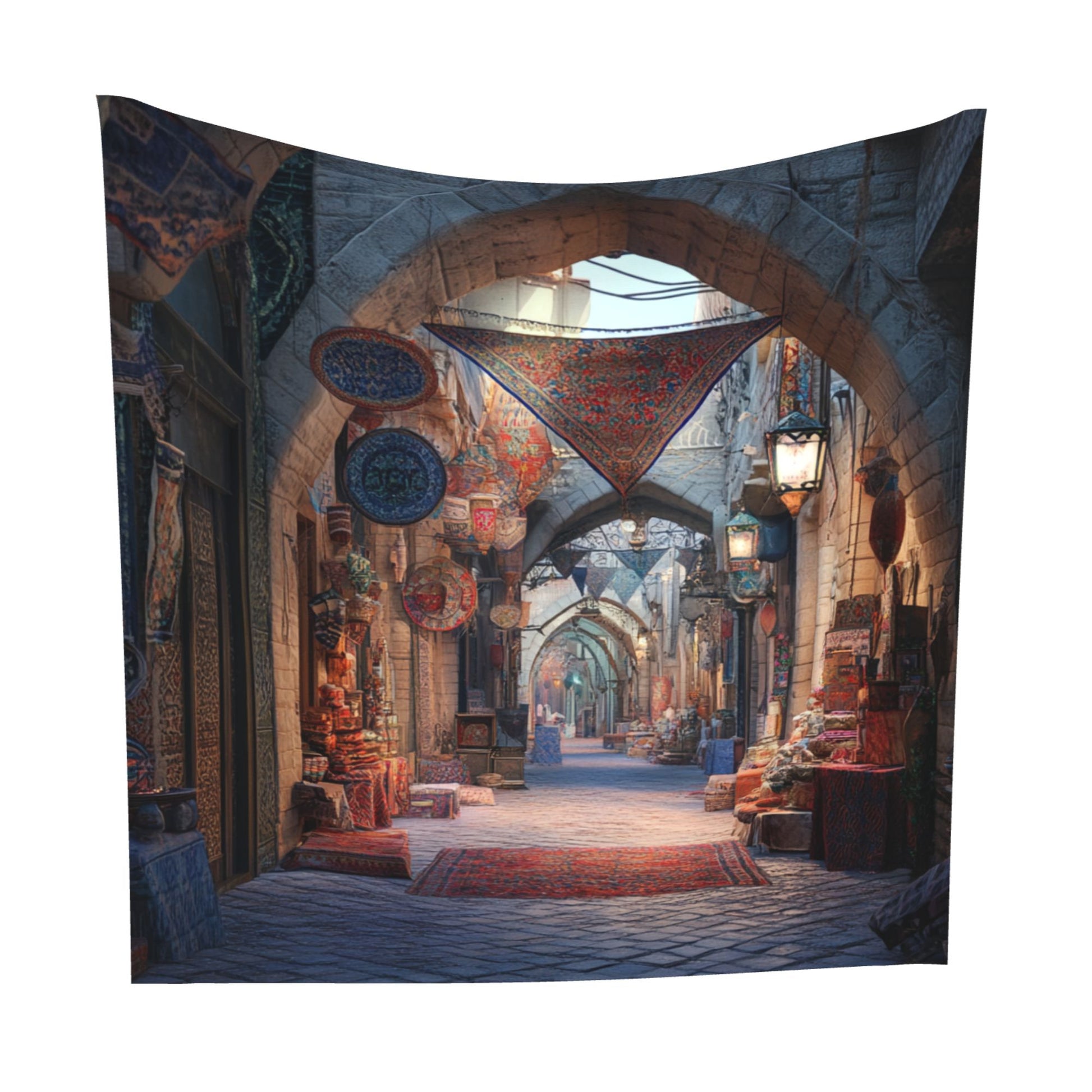 Vintage Bazaar Arcade Wall Tapestry – Large European Market Street Decor 150×150cm