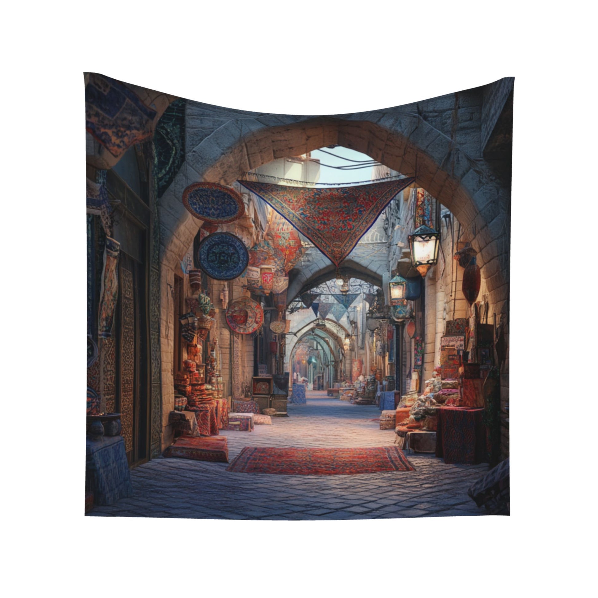 Vintage Bazaar Arcade Wall Tapestry – Large European Market Street Decor 150×150cm