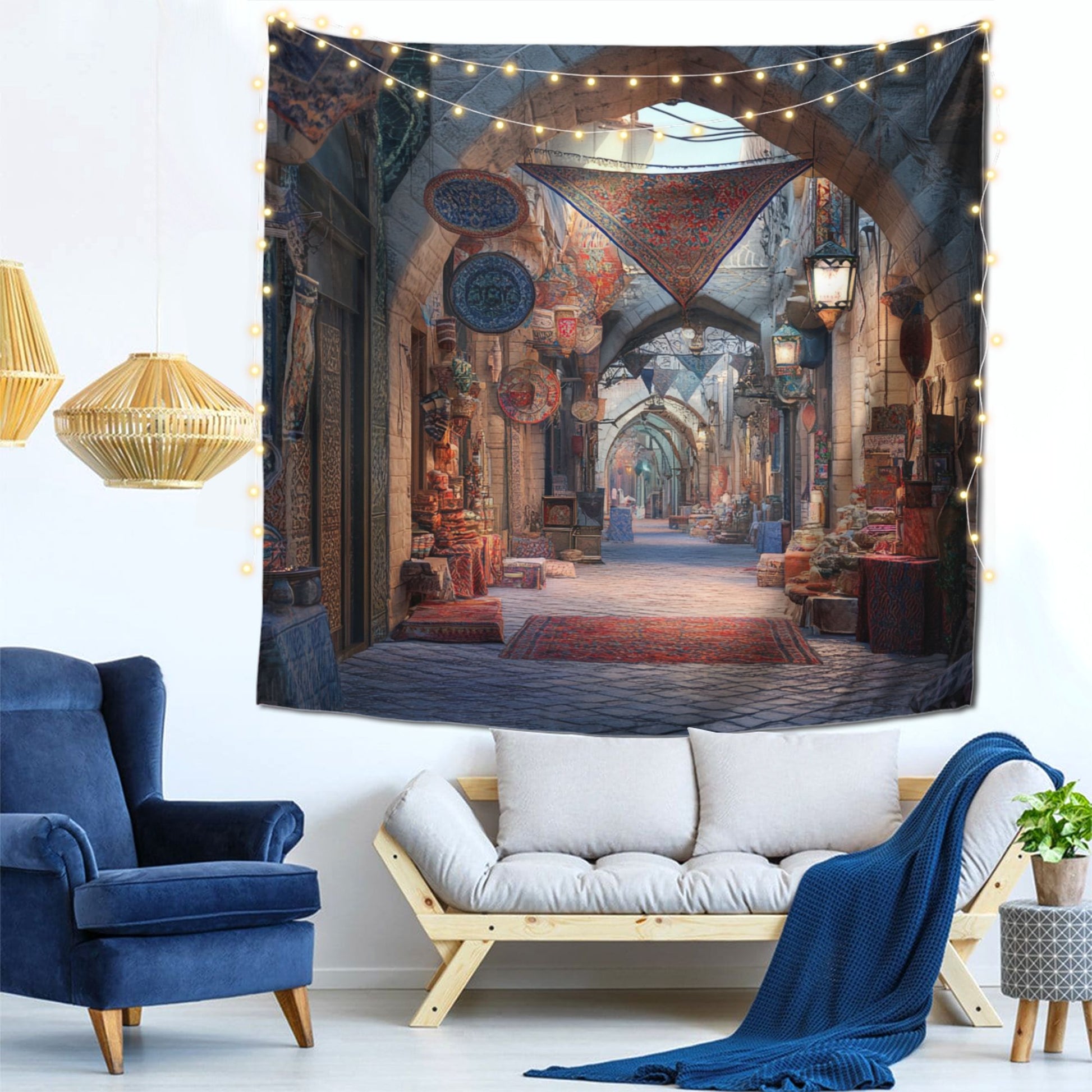 Vintage Bazaar Arcade Wall Tapestry – Large European Market Street Decor 150×150cm