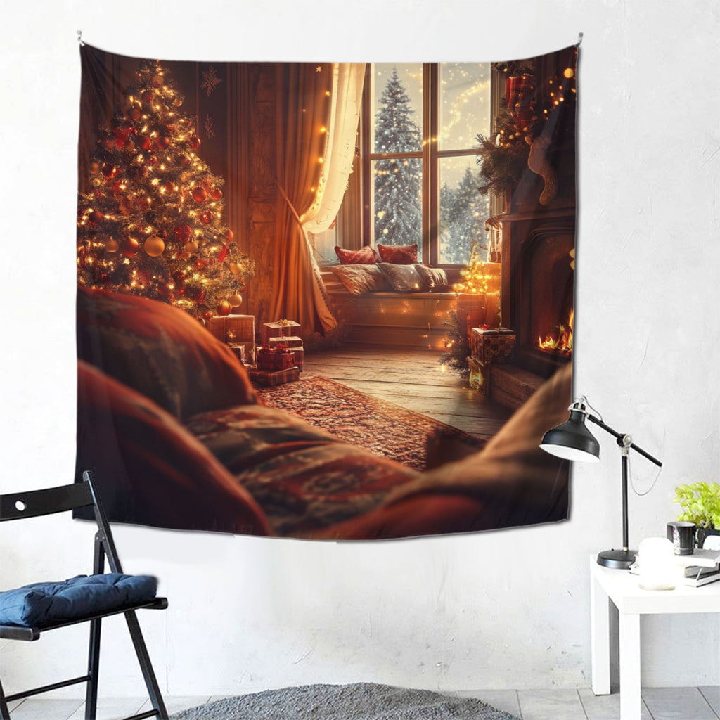 Cozy Christmas Living Room Wall Tapestry – Large Festive Holiday Decor 150×150cm