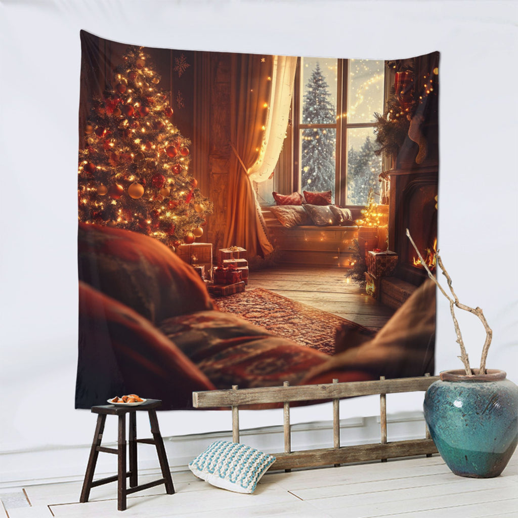 Cozy Christmas Living Room Wall Tapestry – Large Festive Holiday Decor 150×150cm