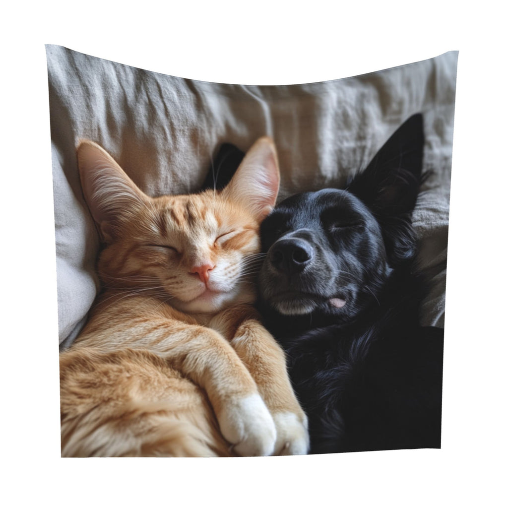 Cuddling Cat and Dog Wall Tapestry – Large Soft Pet Lovers’ Home Decor 150×150cm