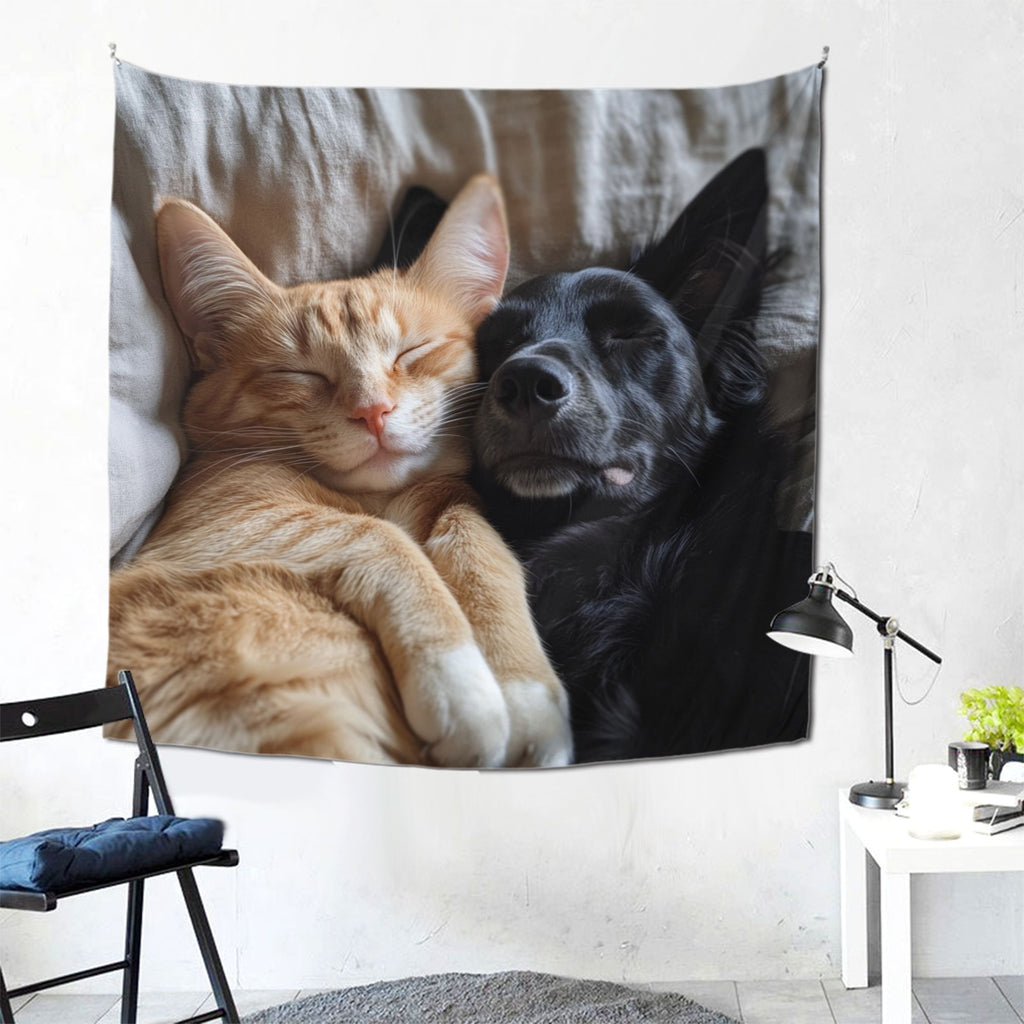 Cuddling Cat and Dog Wall Tapestry – Large Soft Pet Lovers’ Home Decor 150×150cm
