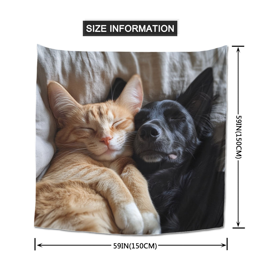 Cuddling Cat and Dog Wall Tapestry – Large Soft Pet Lovers’ Home Decor 150×150cm