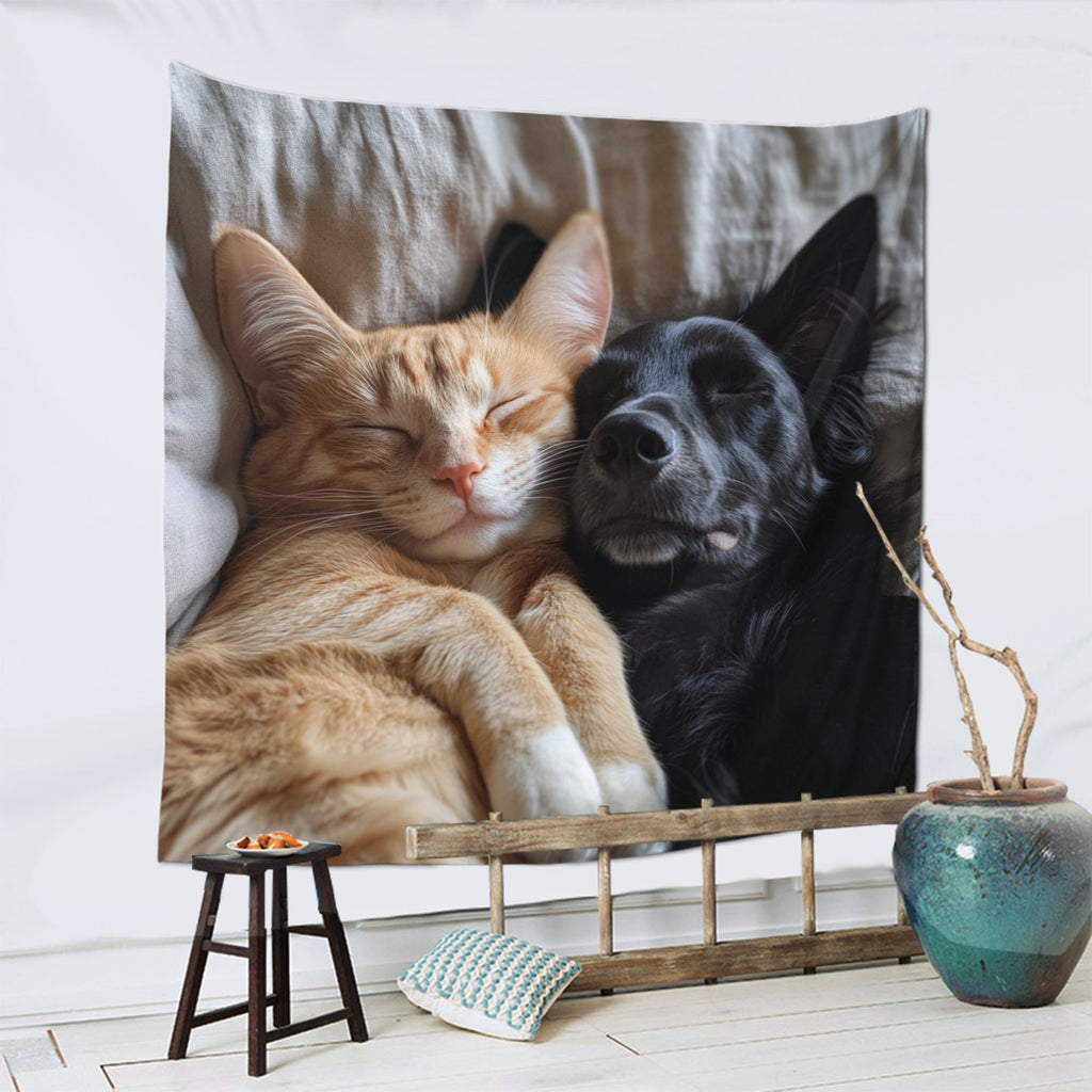 Cuddling Cat and Dog Wall Tapestry – Large Soft Pet Lovers’ Home Decor 150×150cm