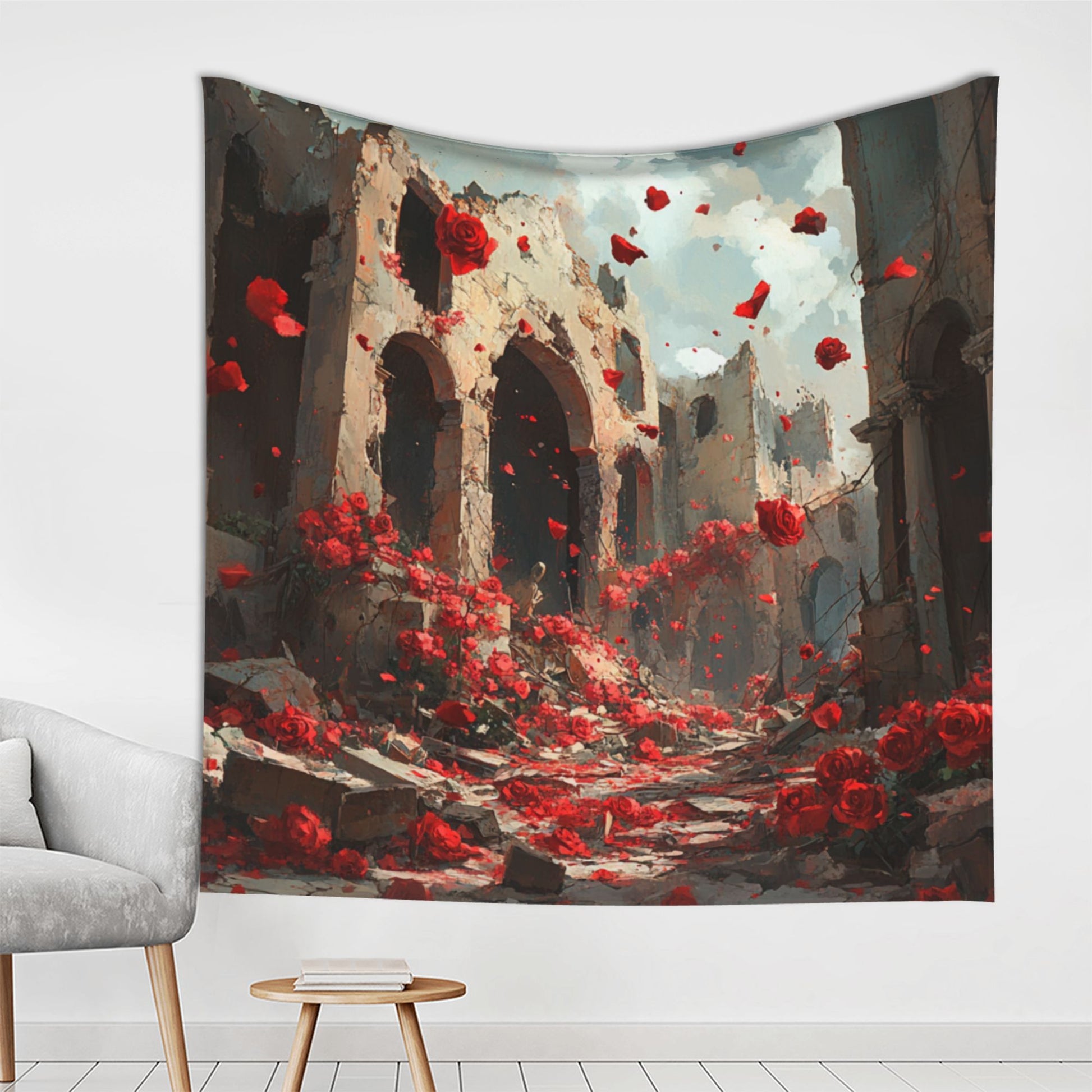 Ruins and Roses Wall Tapestry – Large Artistic Gothic Decor 150×150cm