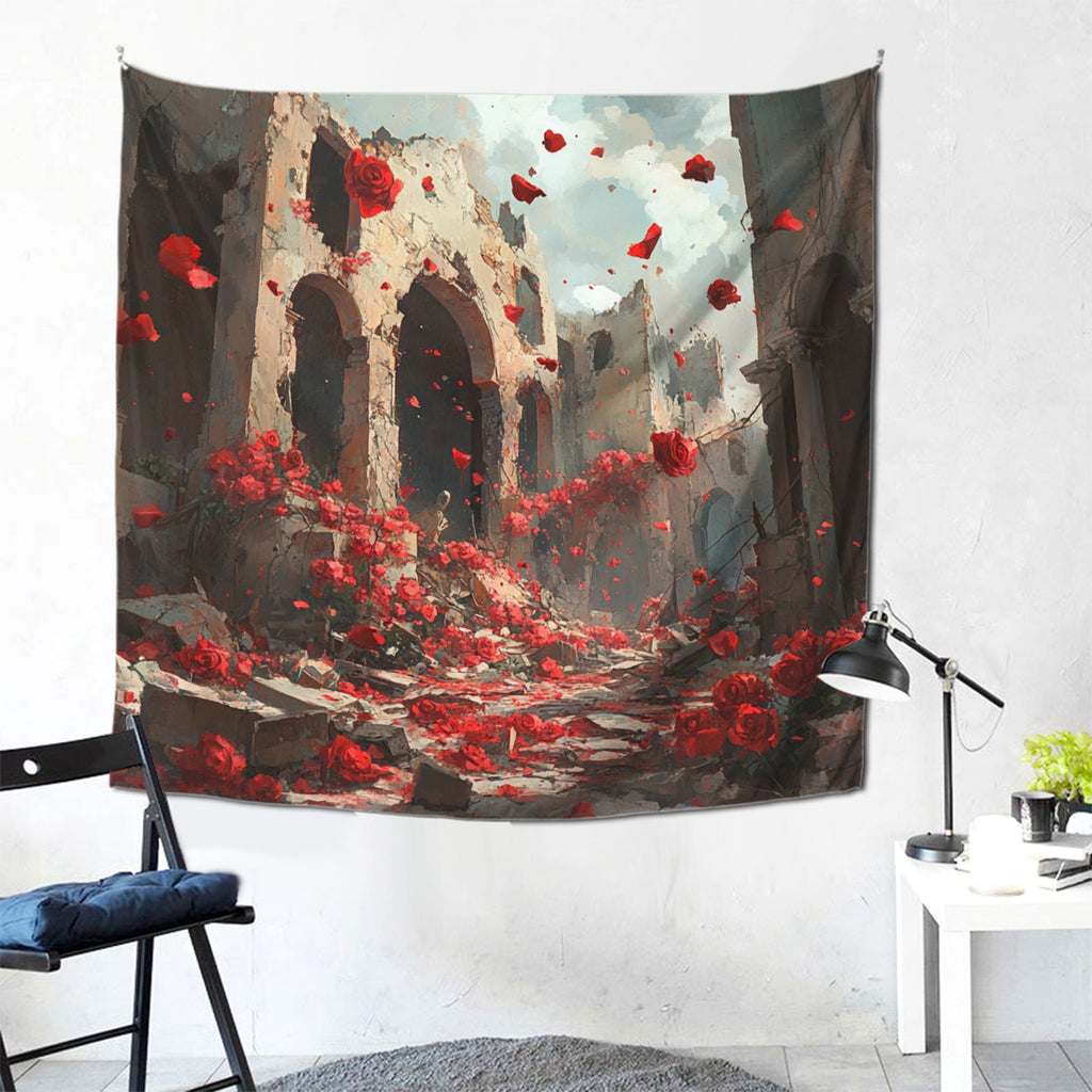 Ruins and Roses Wall Tapestry – Large Artistic Gothic Decor 150×150cm