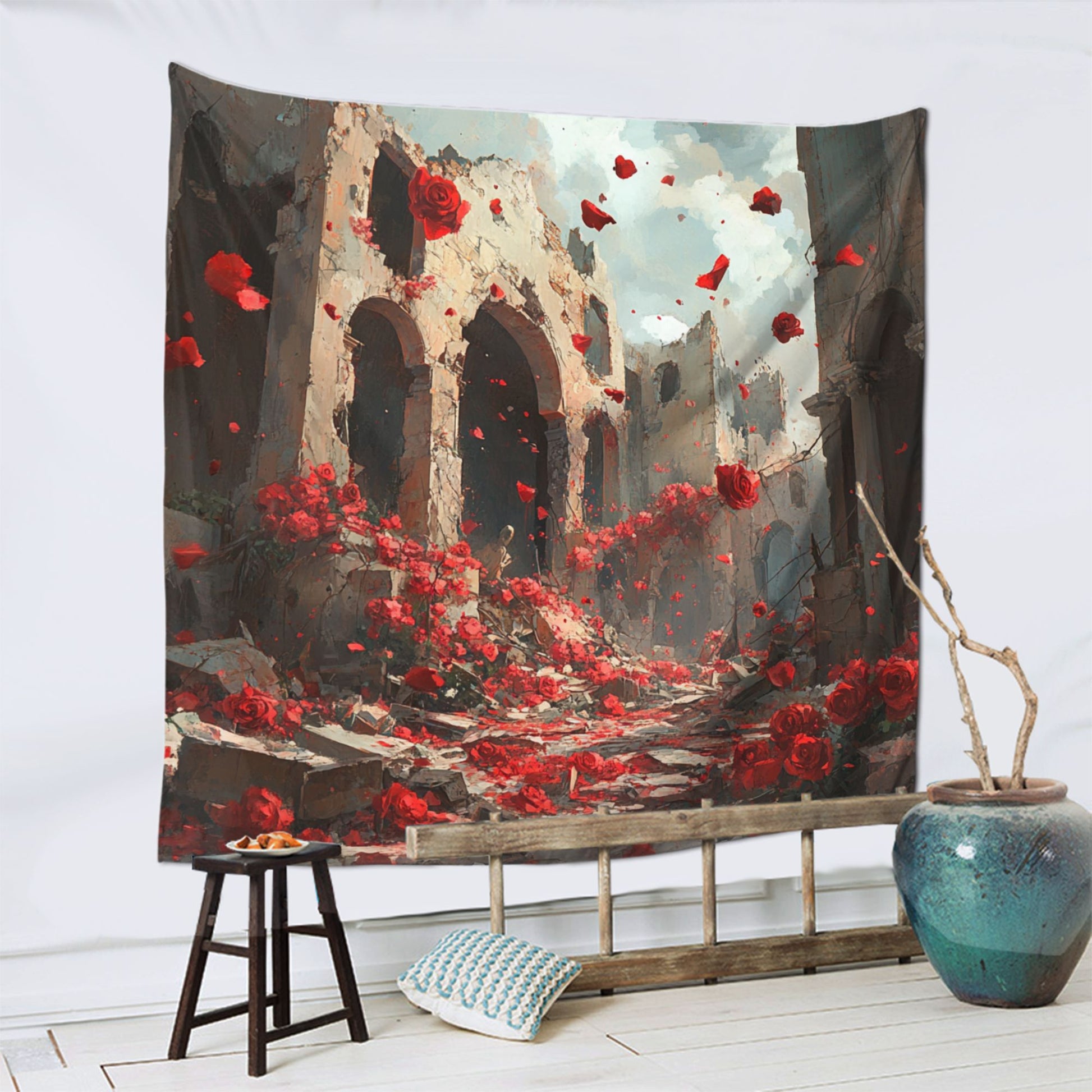Ruins and Roses Wall Tapestry – Large Artistic Gothic Decor 150×150cm