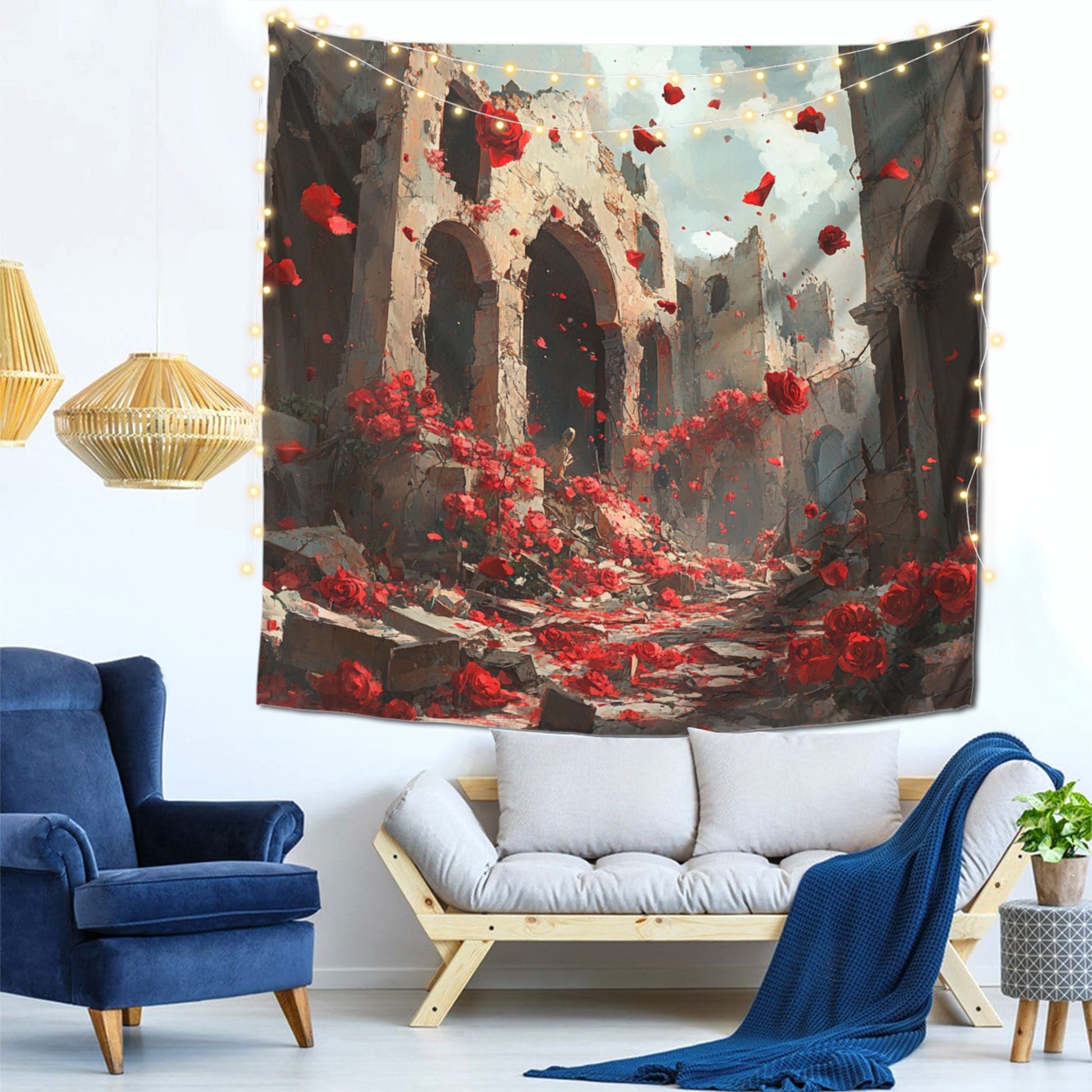 Ruins and Roses Wall Tapestry – Large Artistic Gothic Decor 150×150cm