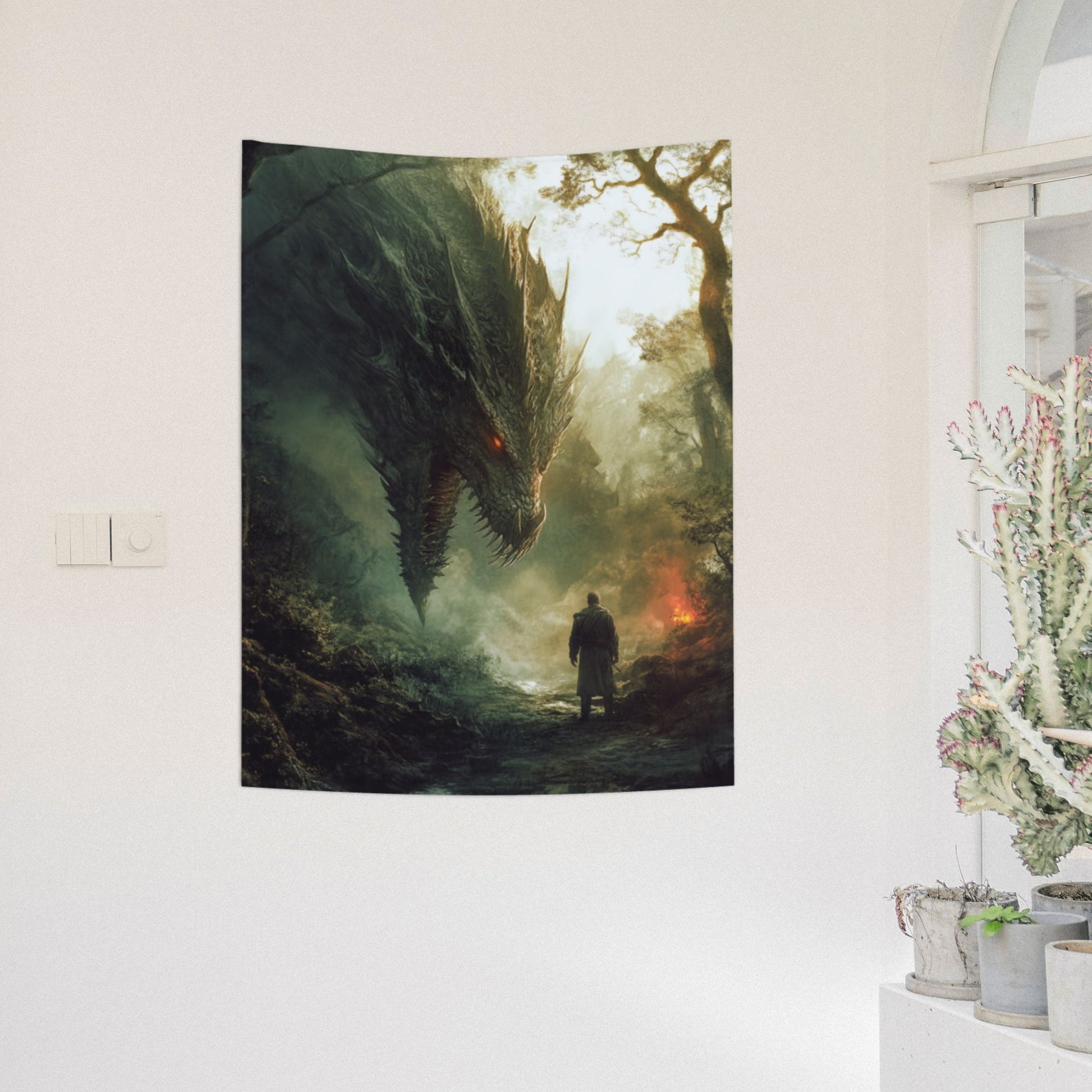 Epic Dragon vs. Warrior Wall Tapestry – Fantasy Theme HD Printed Home Decor 73×95cm