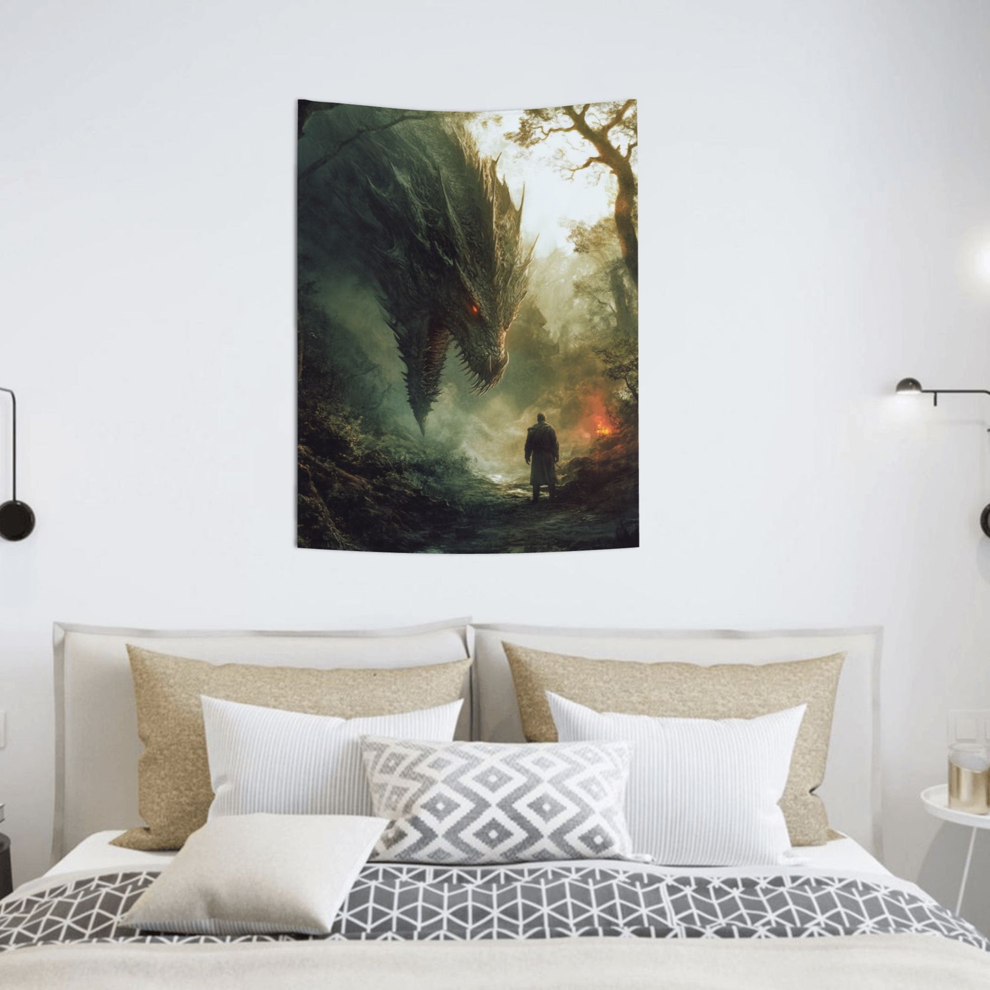 Epic Dragon vs. Warrior Wall Tapestry – Fantasy Theme HD Printed Home Decor 73×95cm
