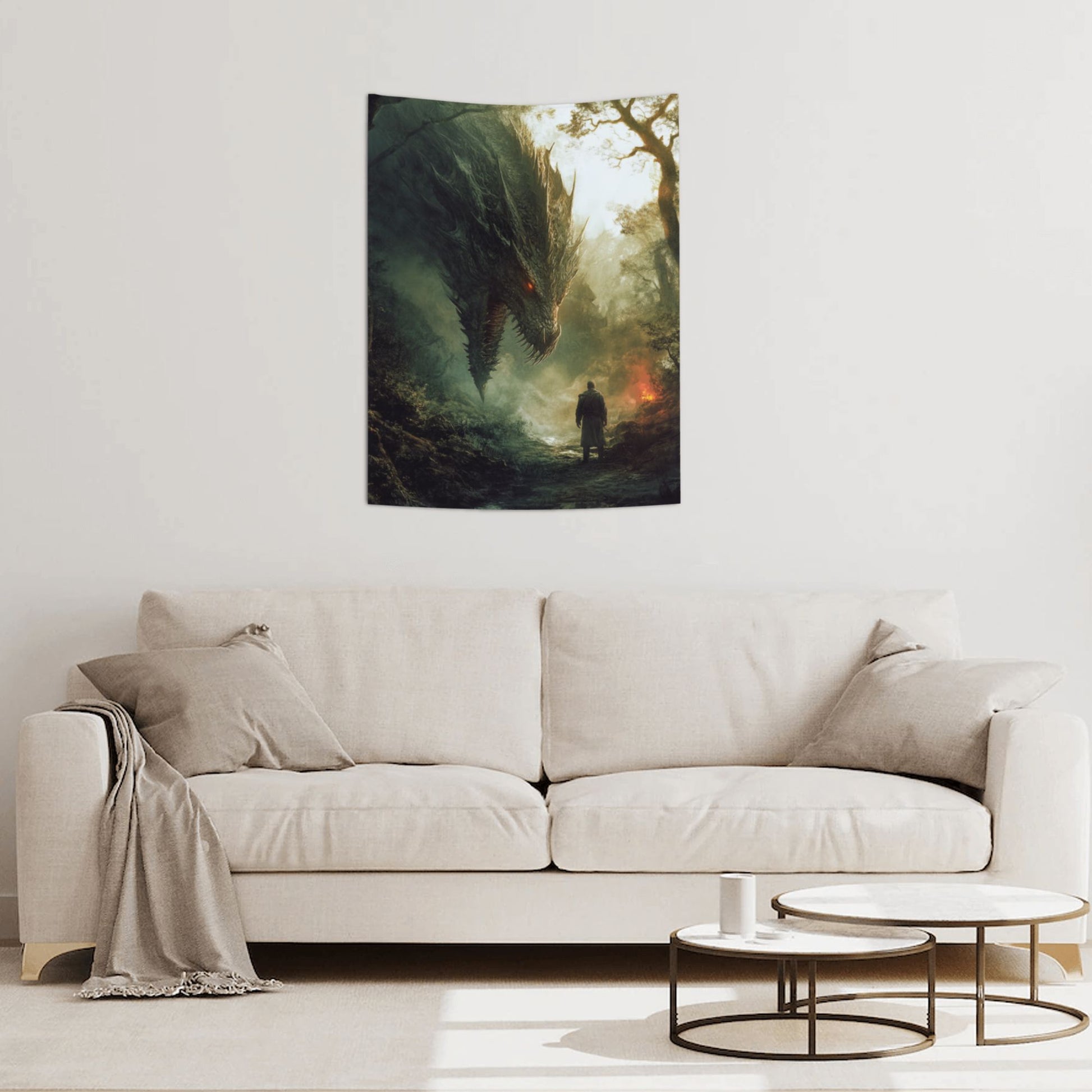 Epic Dragon vs. Warrior Wall Tapestry – Fantasy Theme HD Printed Home Decor 73×95cm