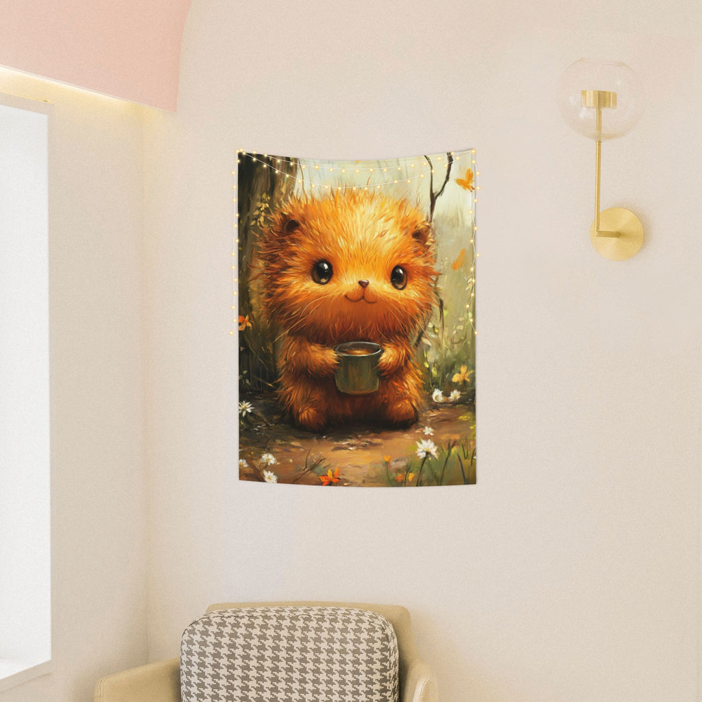 Cute Animal Tea Time Wall Tapestry – Cartoon Illustration Decorative Cloth 73×95cm