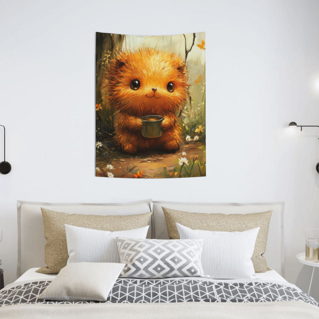 Cute Animal Tea Time Wall Tapestry – Cartoon Illustration Decorative Cloth 73×95cm