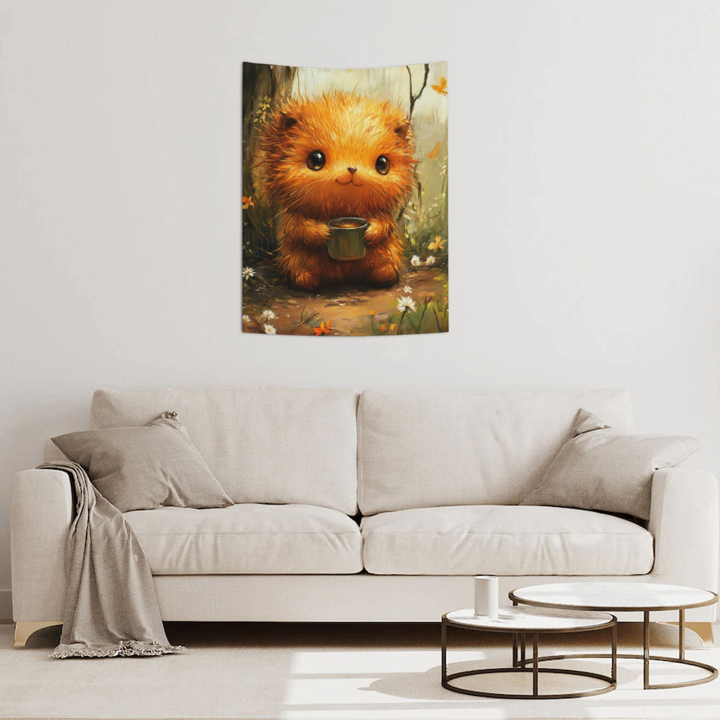 Cute Animal Tea Time Wall Tapestry – Cartoon Illustration Decorative Cloth 73×95cm