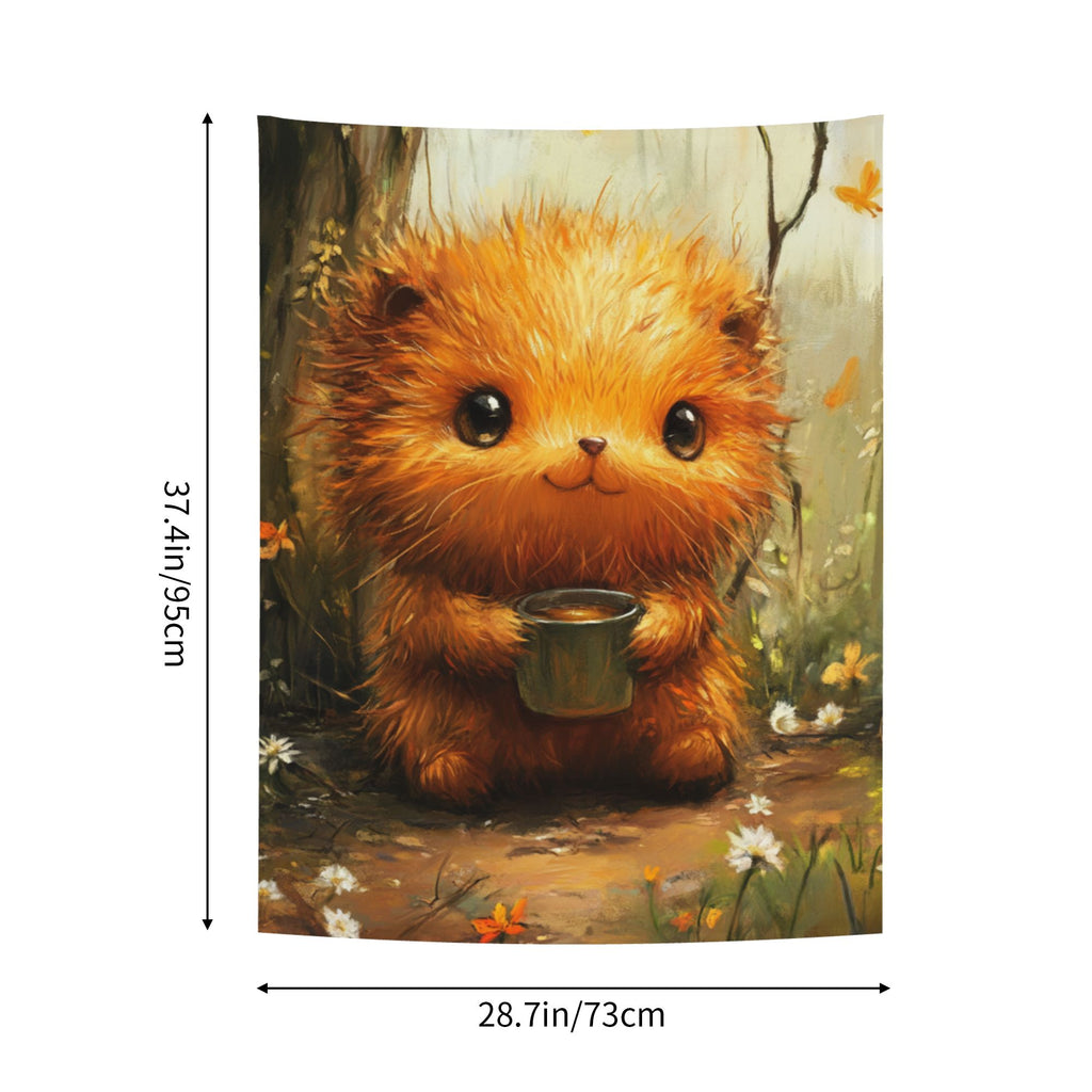 Cute Animal Tea Time Wall Tapestry – Cartoon Illustration Decorative Cloth 73×95cm
