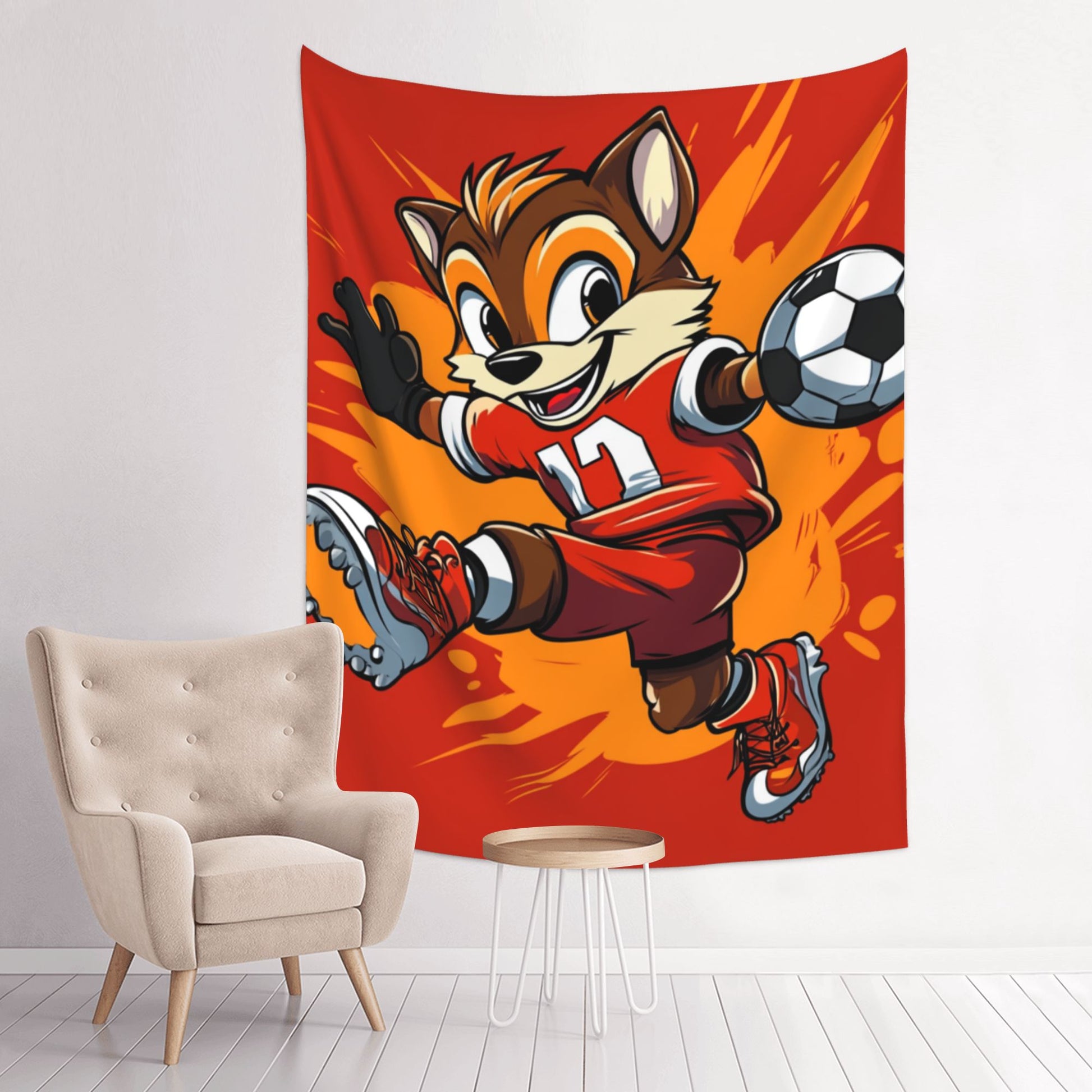 Energetic Soccer Fox Cartoon Wall Tapestry – Kids Sports Room Decor 73×95cm