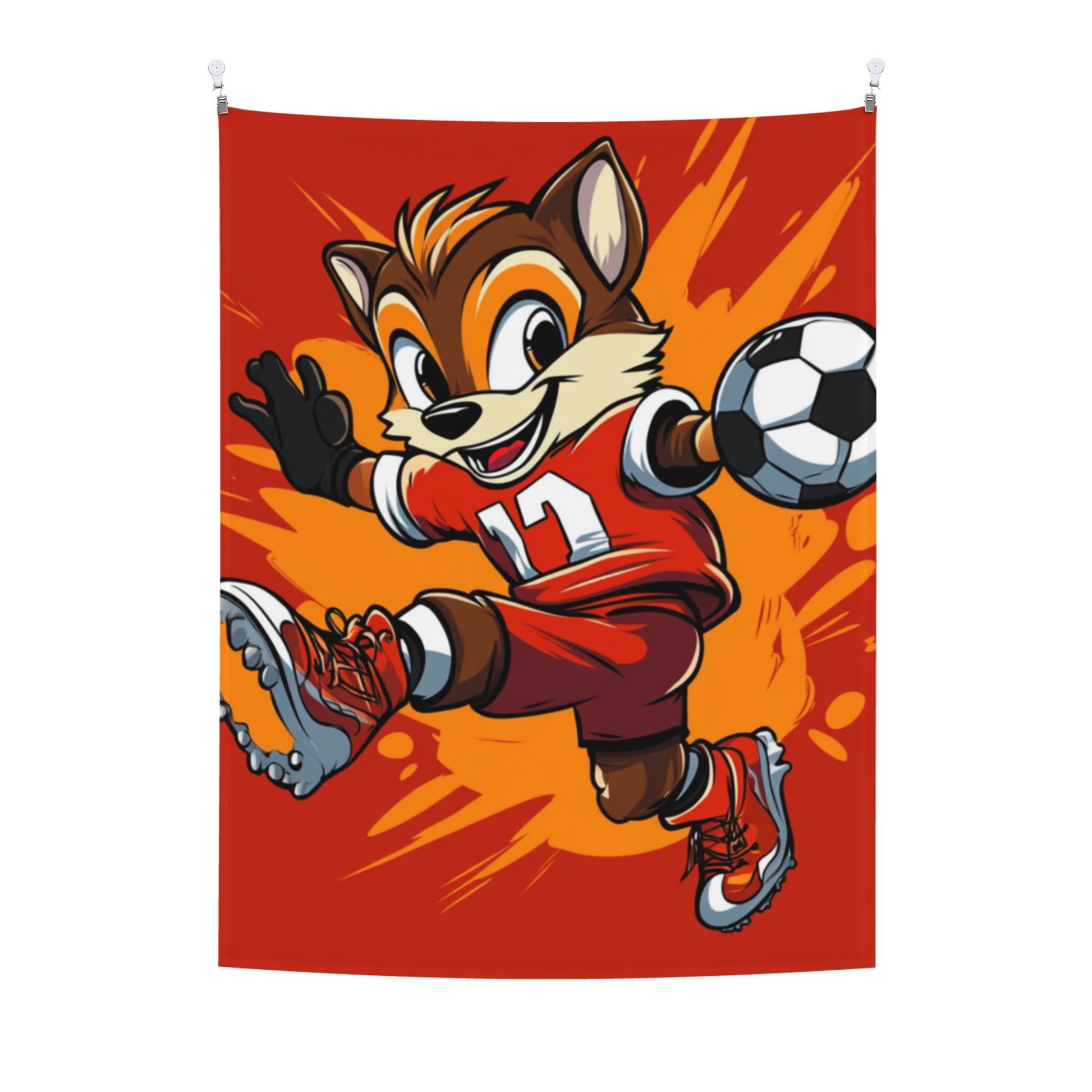 Energetic Soccer Fox Cartoon Wall Tapestry – Kids Sports Room Decor 73×95cm