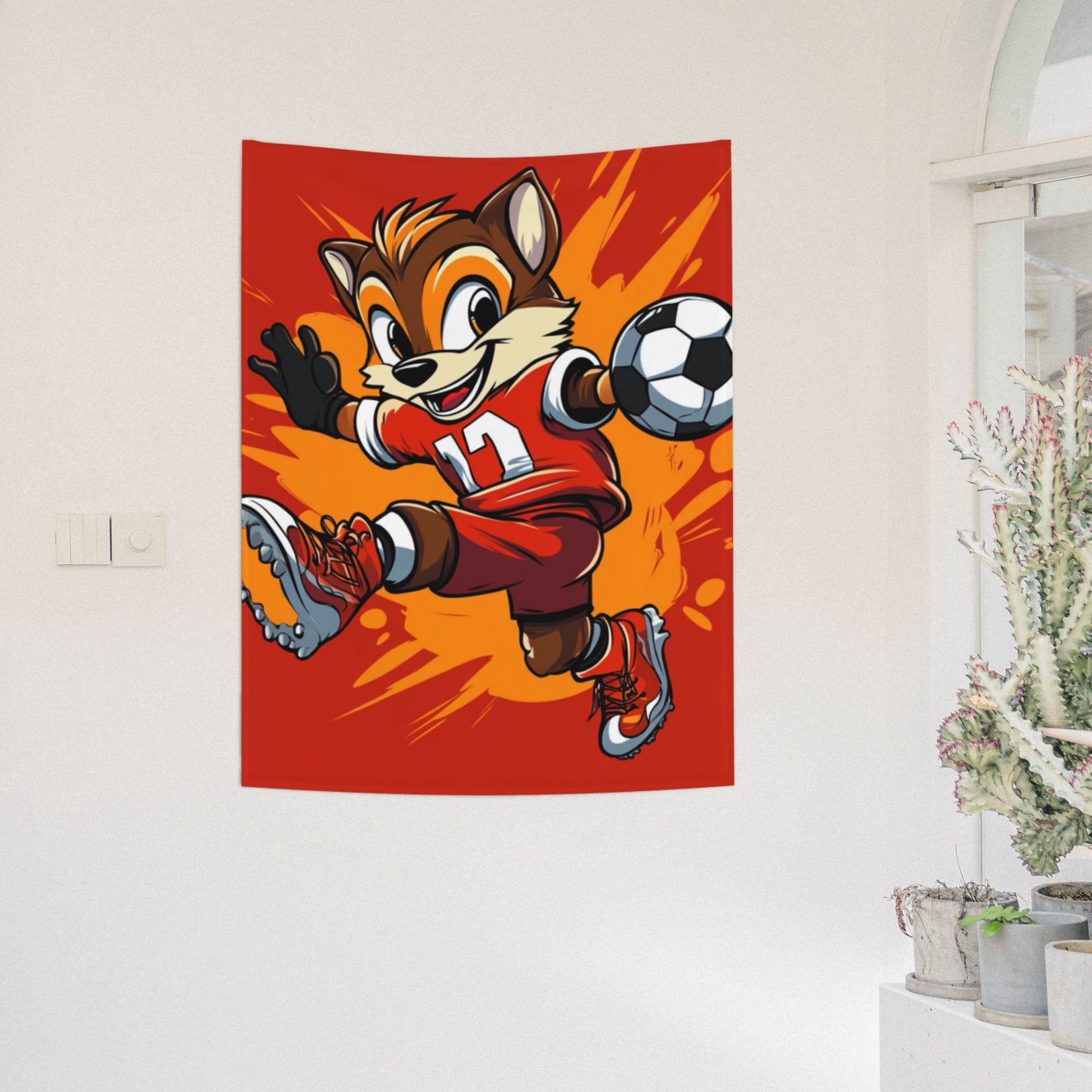 Energetic Soccer Fox Cartoon Wall Tapestry – Kids Sports Room Decor 73×95cm