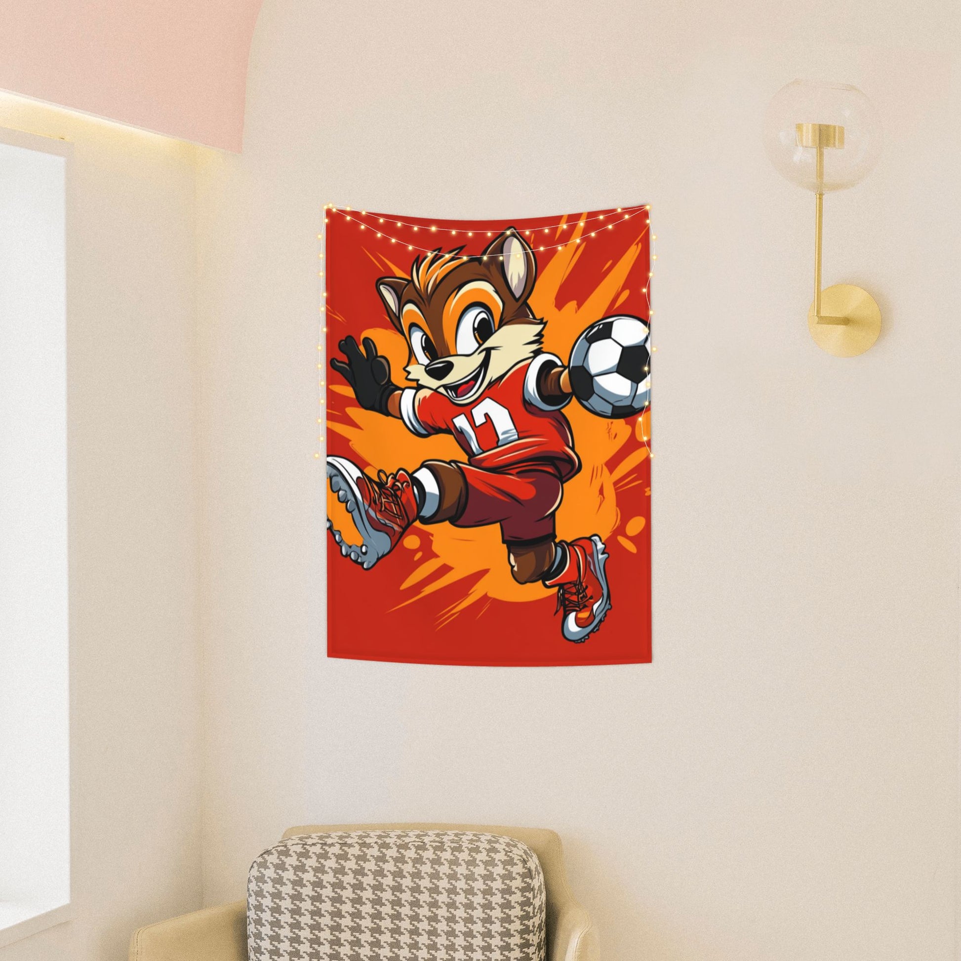 Energetic Soccer Fox Cartoon Wall Tapestry – Kids Sports Room Decor 73×95cm