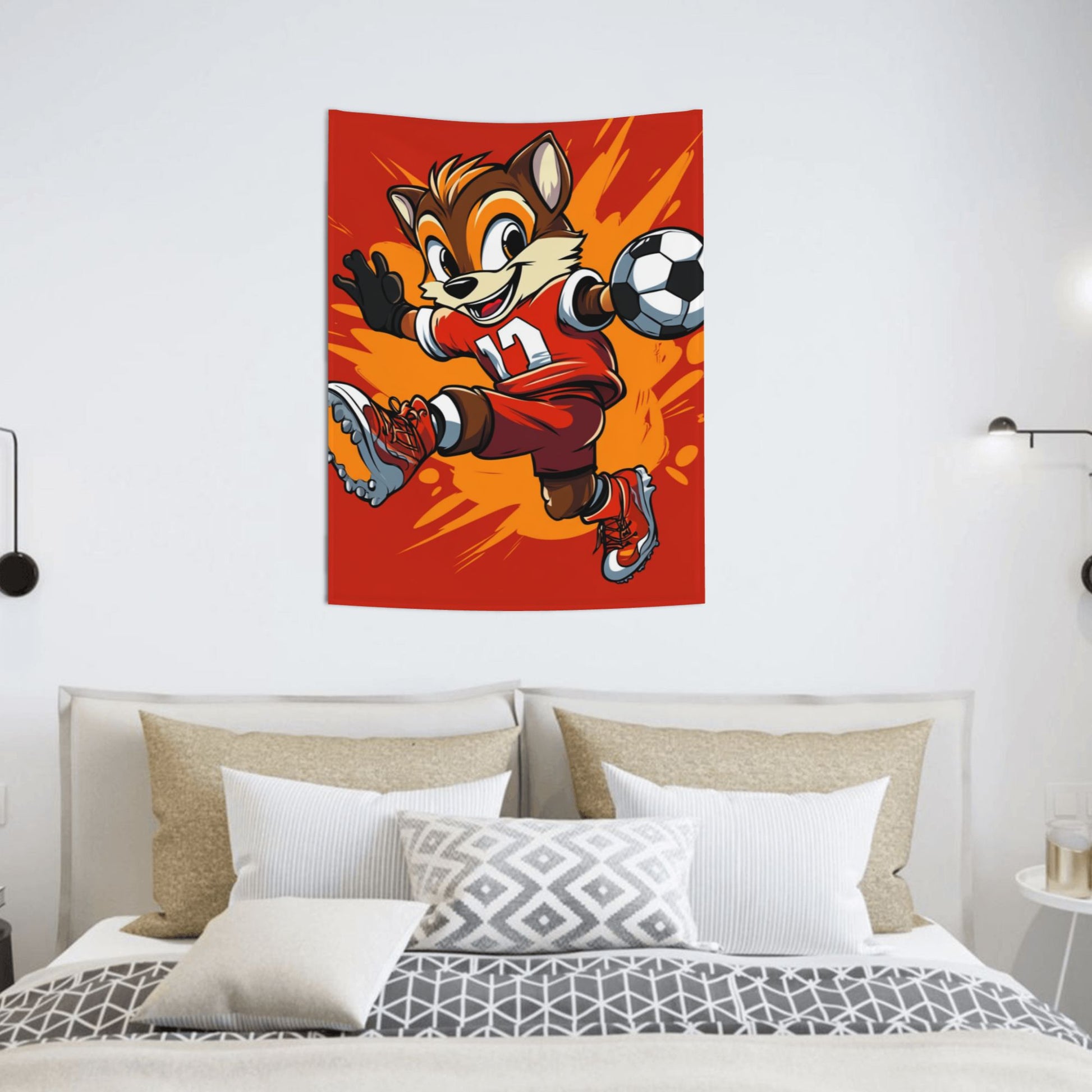 Energetic Soccer Fox Cartoon Wall Tapestry – Kids Sports Room Decor 73×95cm