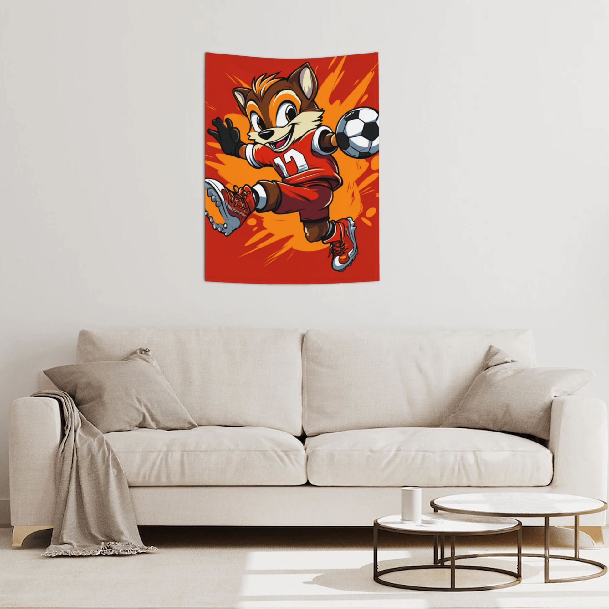 Energetic Soccer Fox Cartoon Wall Tapestry – Kids Sports Room Decor 73×95cm