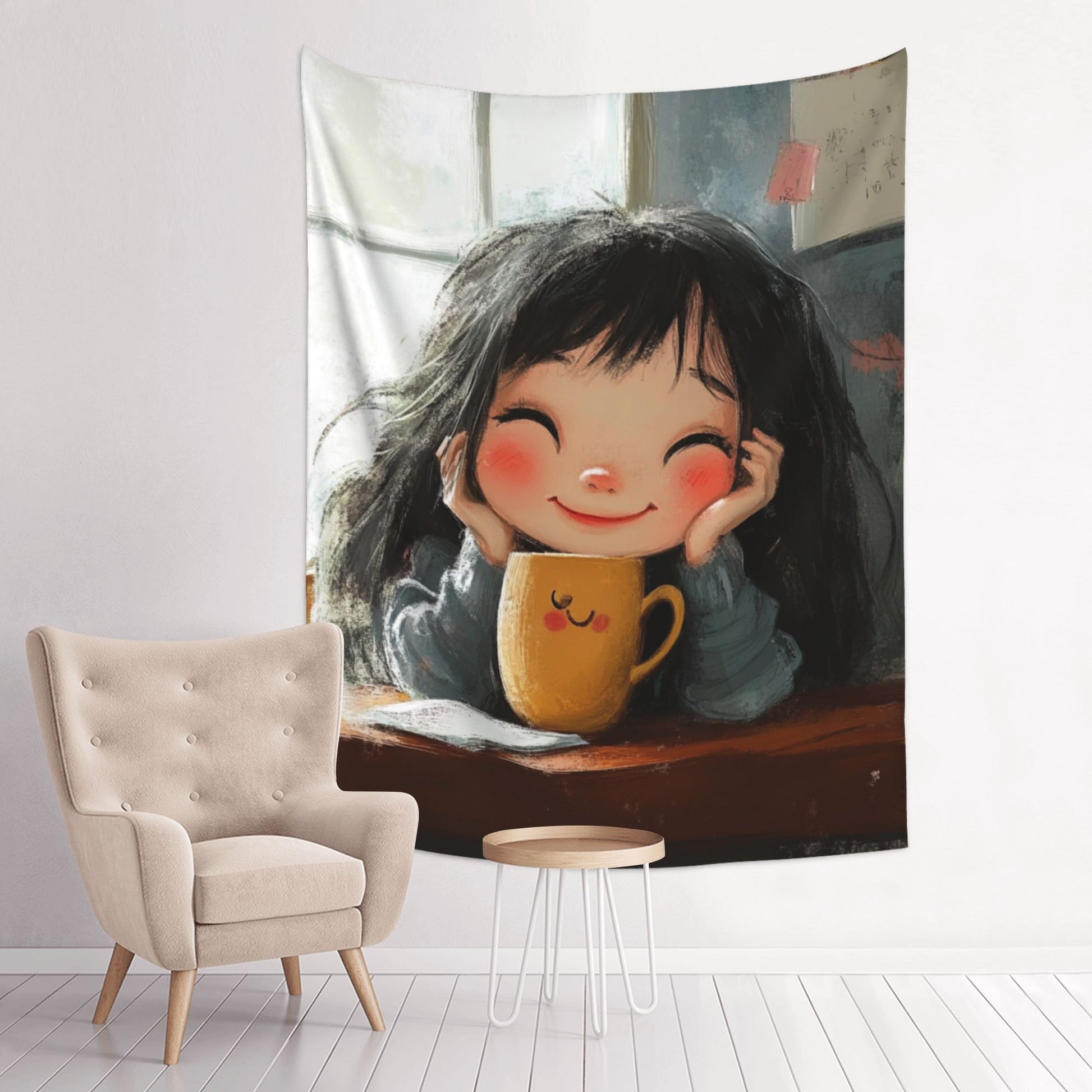 Warm Smiling Girl Wall Tapestry – Cozy Hand-Drawn Cartoon Home Decor 73×95cm