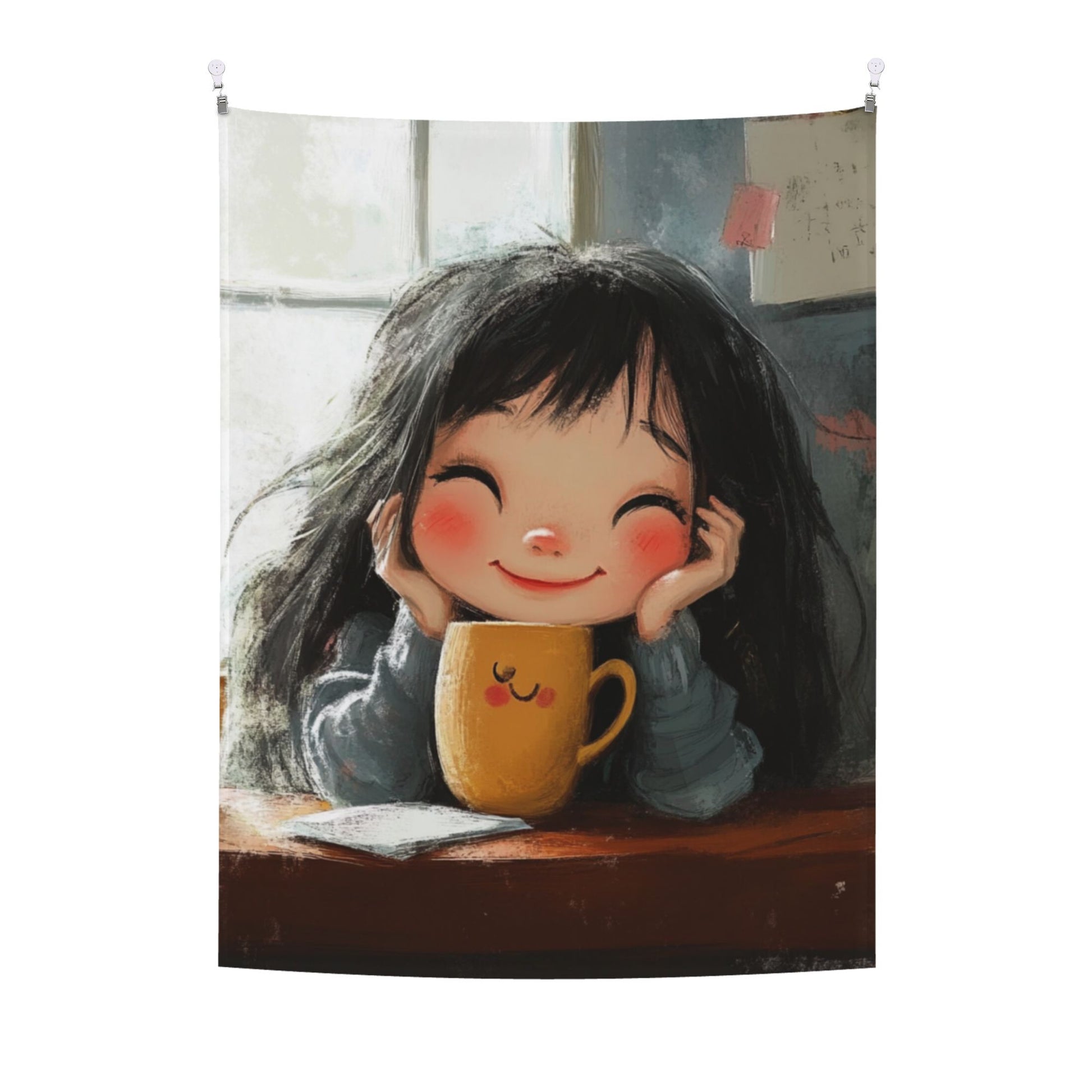 Warm Smiling Girl Wall Tapestry – Cozy Hand-Drawn Cartoon Home Decor 73×95cm