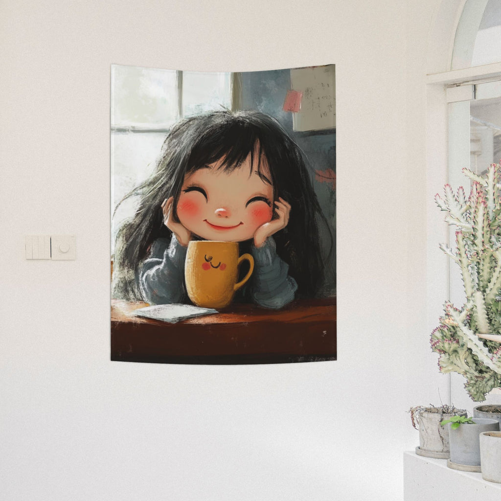 Warm Smiling Girl Wall Tapestry – Cozy Hand-Drawn Cartoon Home Decor 73×95cm